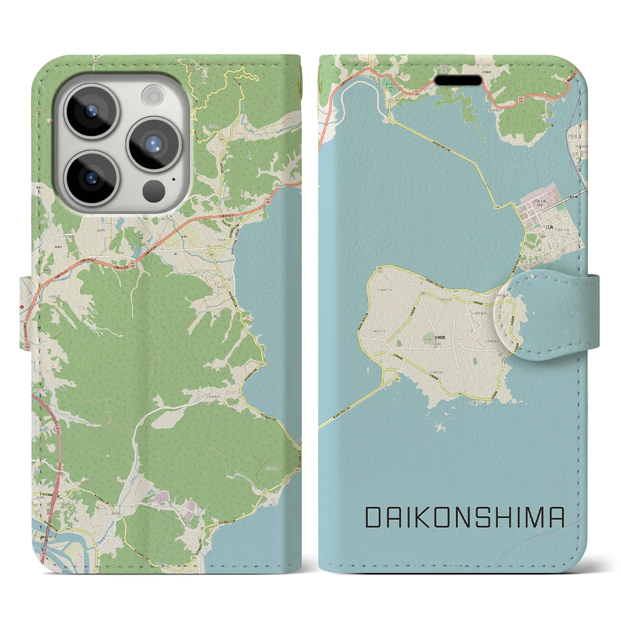 【大根島(島根県)】地図柄iPhoneケース(手帳タイプ)ナチュラル・iPhone 15 Pro 用