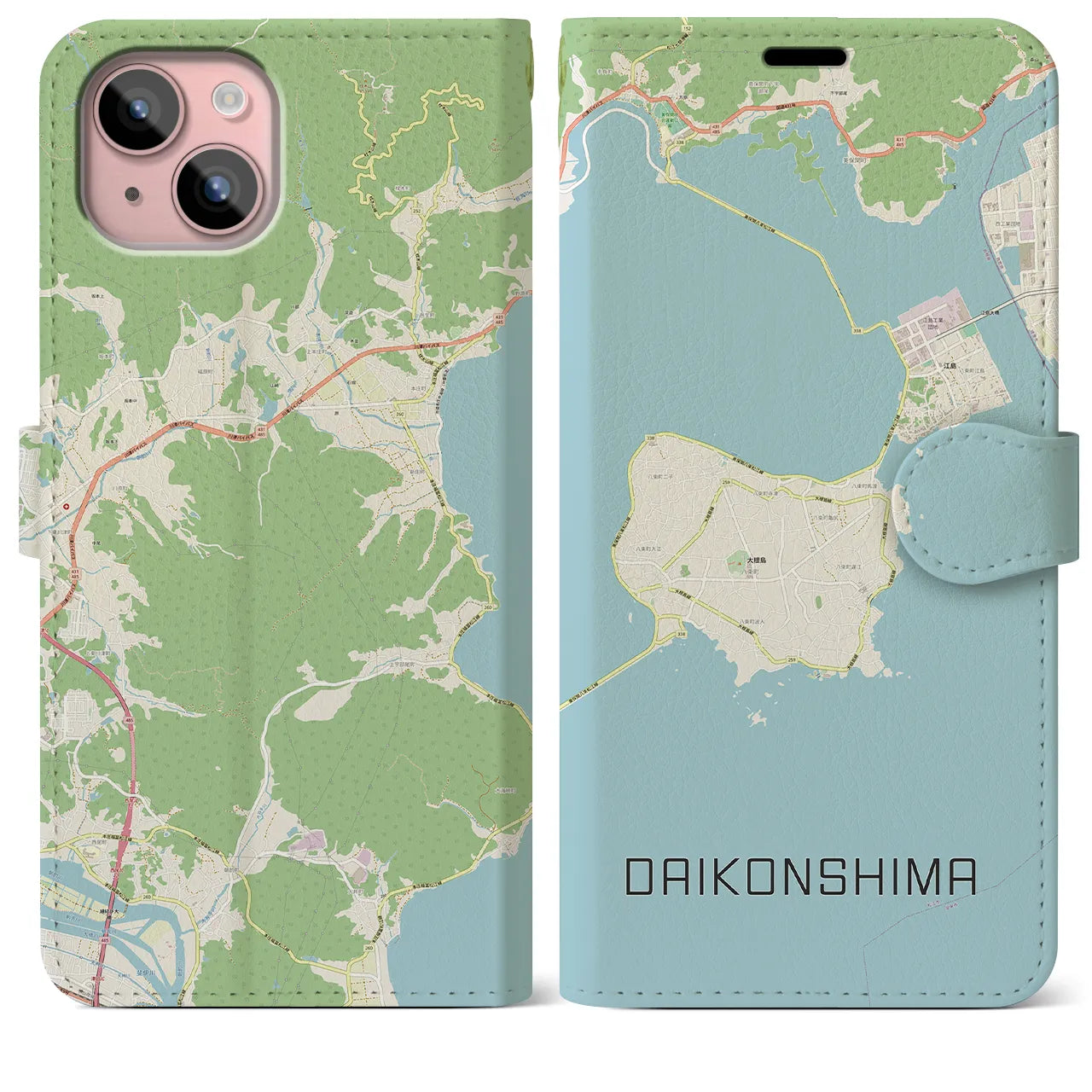 【大根島(島根県)】地図柄iPhoneケース(手帳タイプ)ナチュラル・iPhone 15 Plus 用