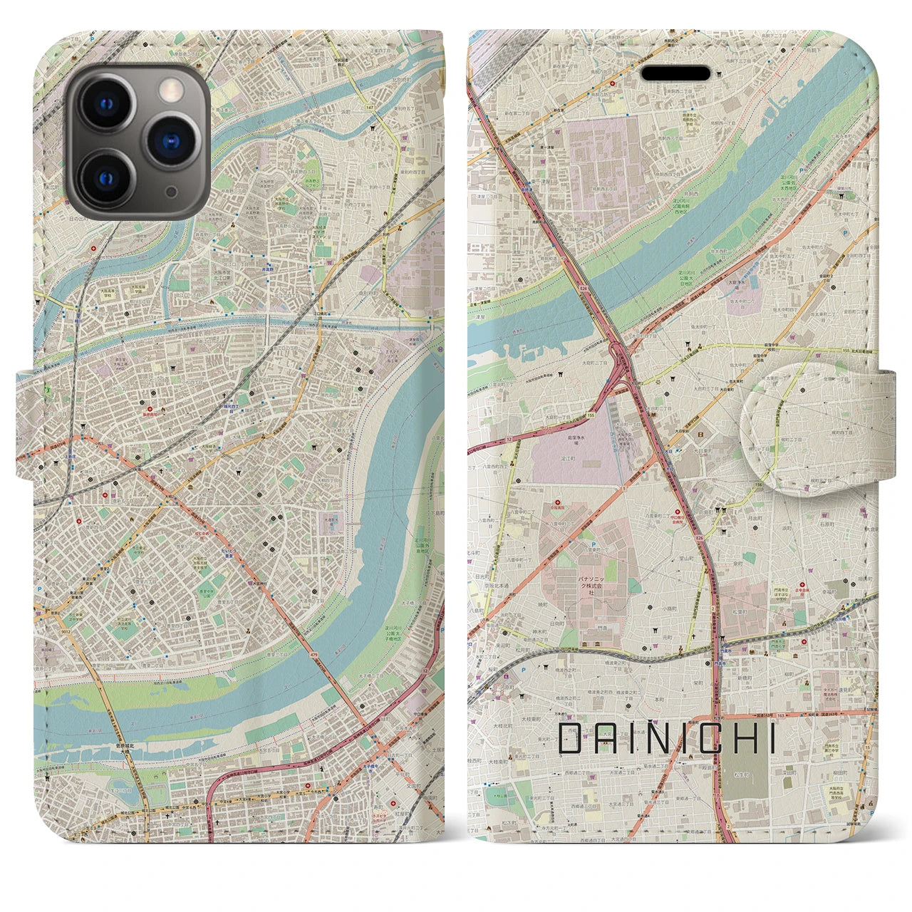 【大日(大阪府)】地図柄iPhoneケース(手帳タイプ)ナチュラル・iPhone 11 Pro Max 用
