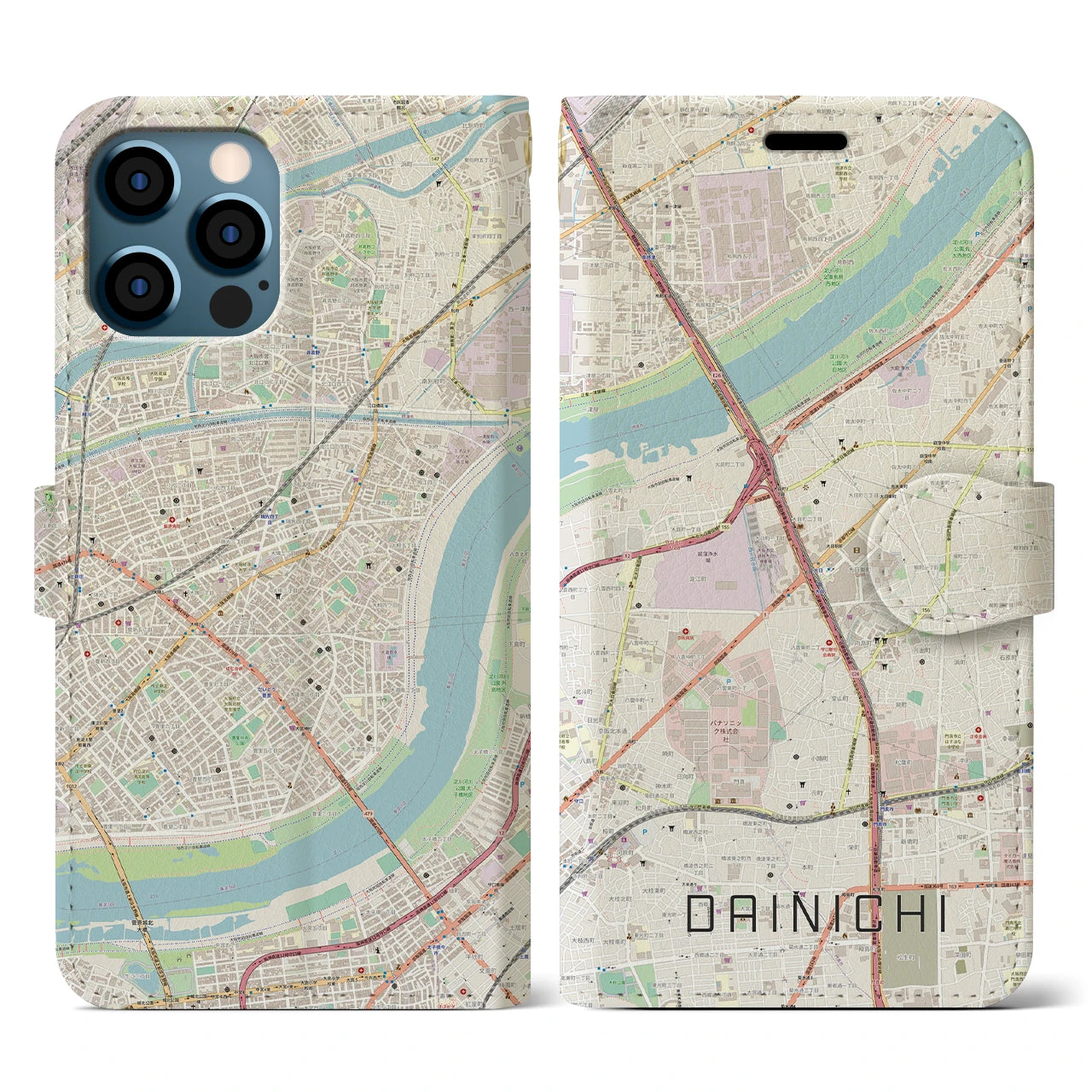 【大日(大阪府)】地図柄iPhoneケース(手帳タイプ)ナチュラル・iPhone 12 / 12 Pro 用