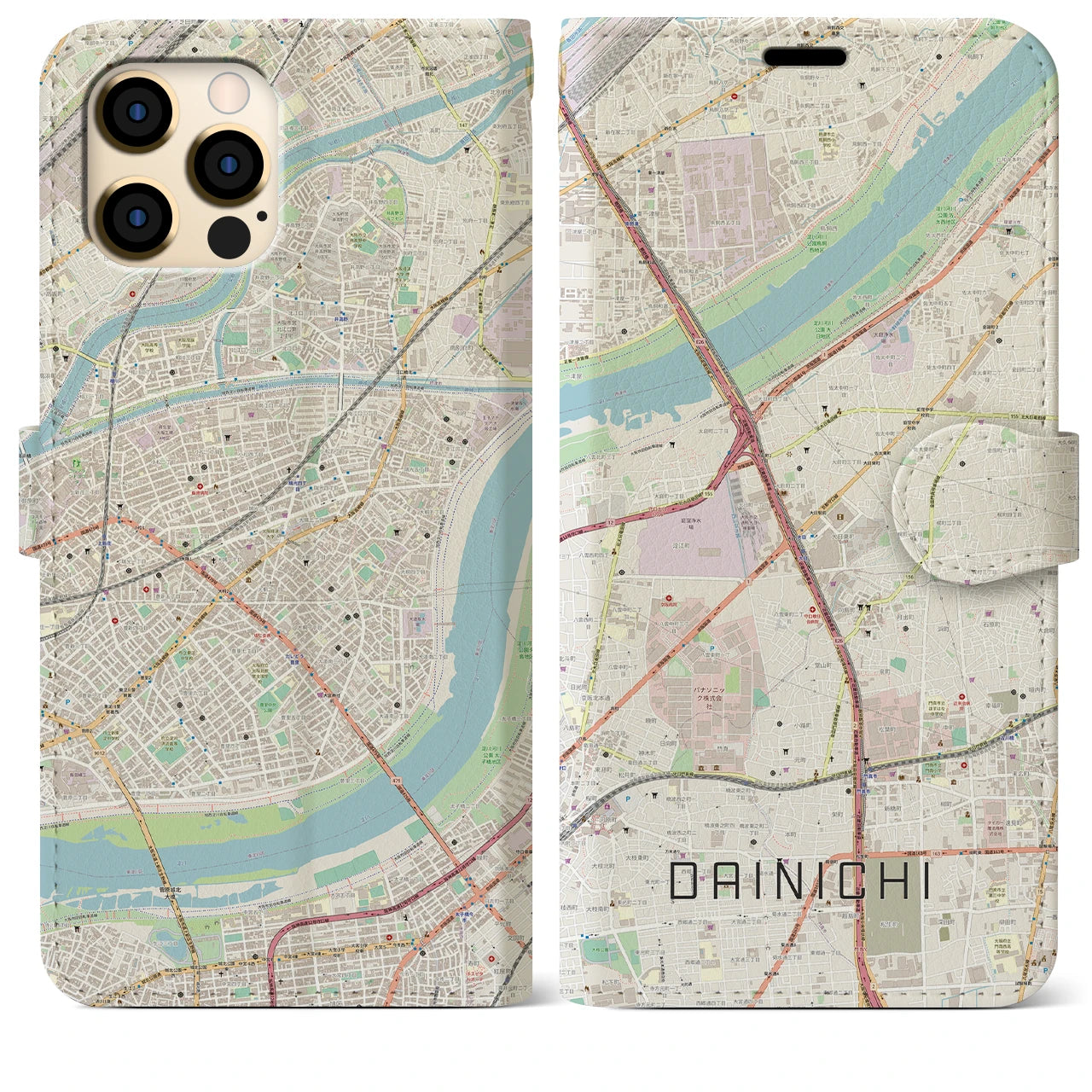 【大日(大阪府)】地図柄iPhoneケース(手帳タイプ)ナチュラル・iPhone 12 Pro Max 用