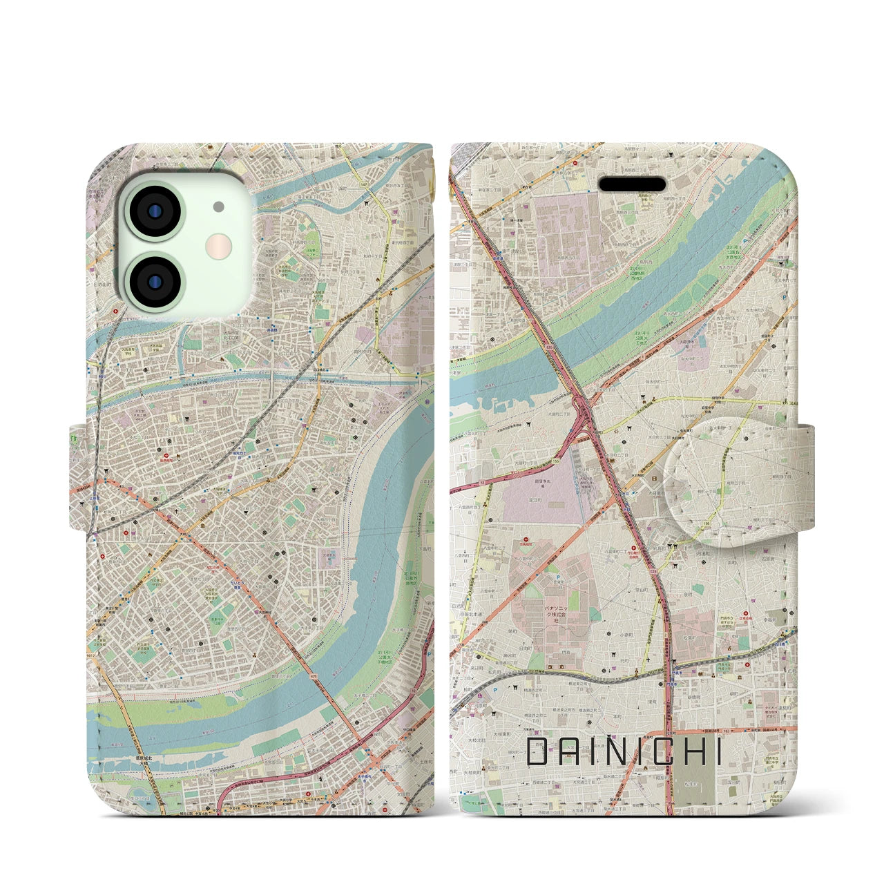 【大日(大阪府)】地図柄iPhoneケース(手帳タイプ)ナチュラル・iPhone 12 mini 用