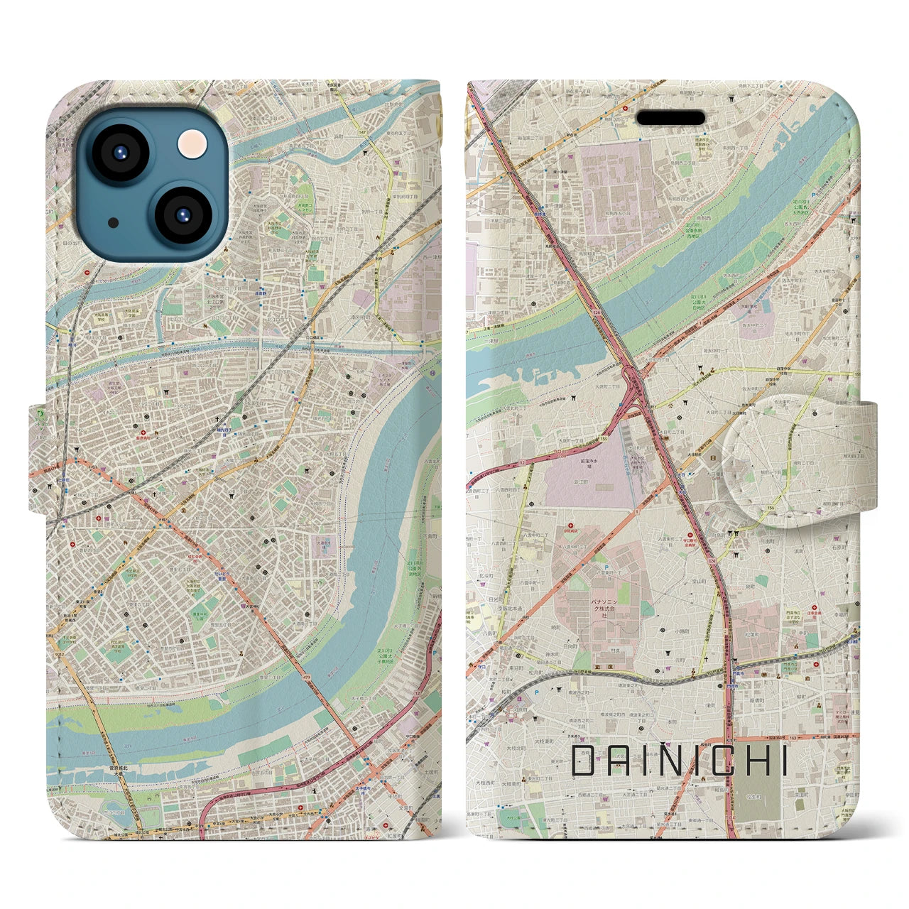 【大日(大阪府)】地図柄iPhoneケース(手帳タイプ)ナチュラル・iPhone 13 用