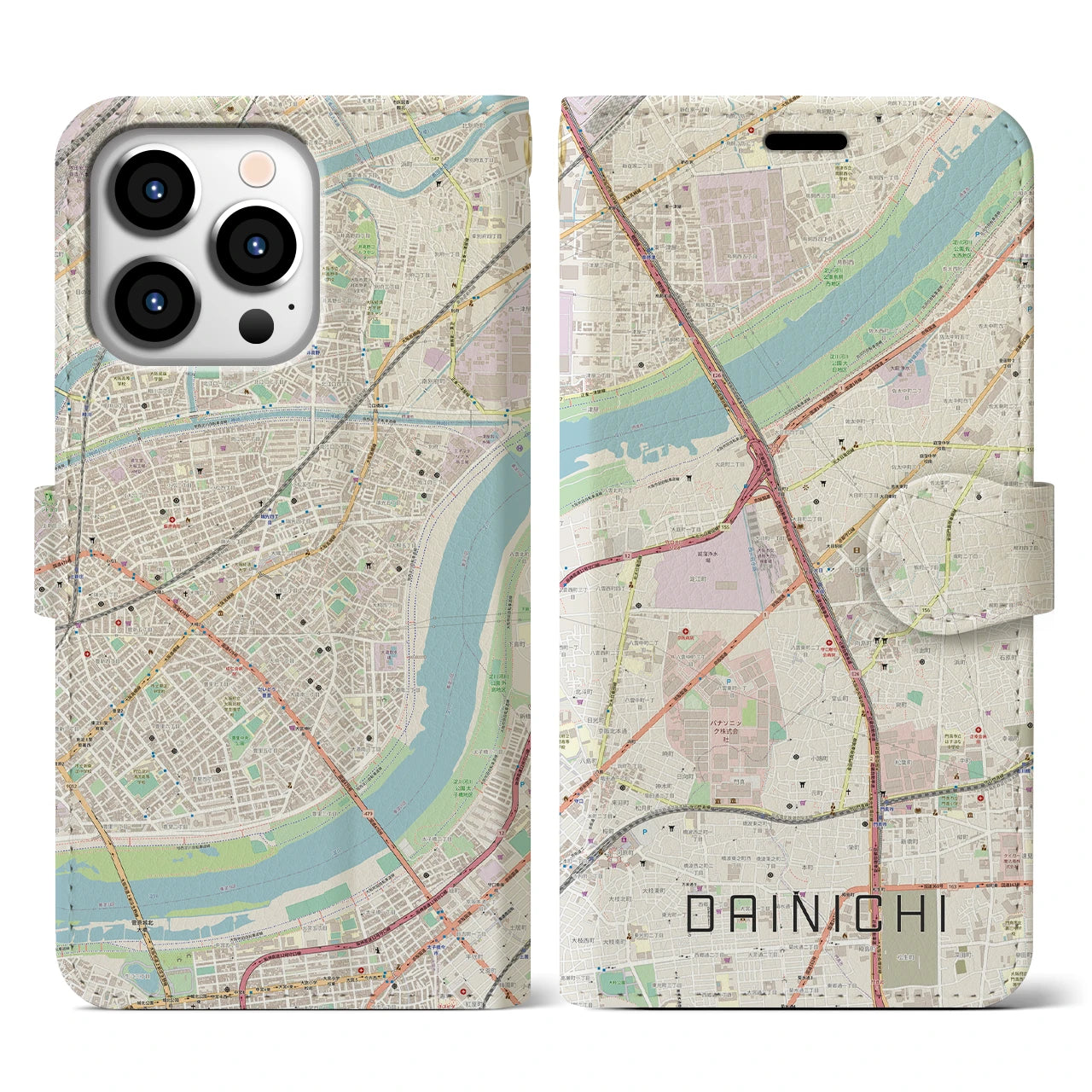 【大日(大阪府)】地図柄iPhoneケース(手帳タイプ)ナチュラル・iPhone 13 Pro 用