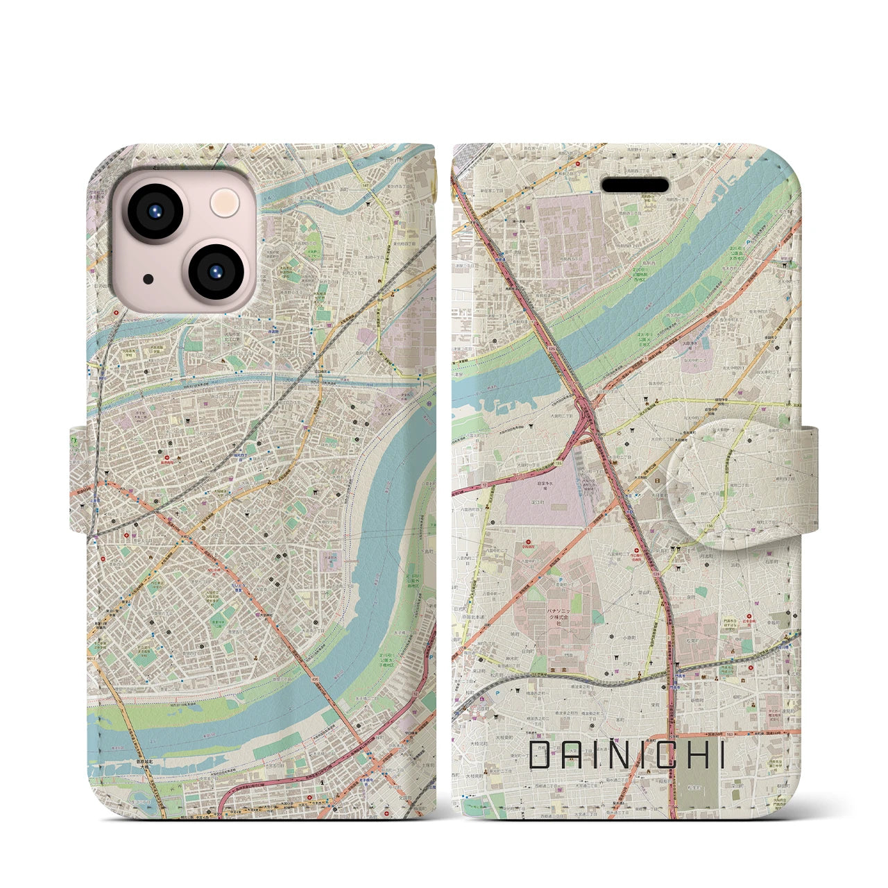 【大日(大阪府)】地図柄iPhoneケース(手帳タイプ)ナチュラル・iPhone 13 mini 用