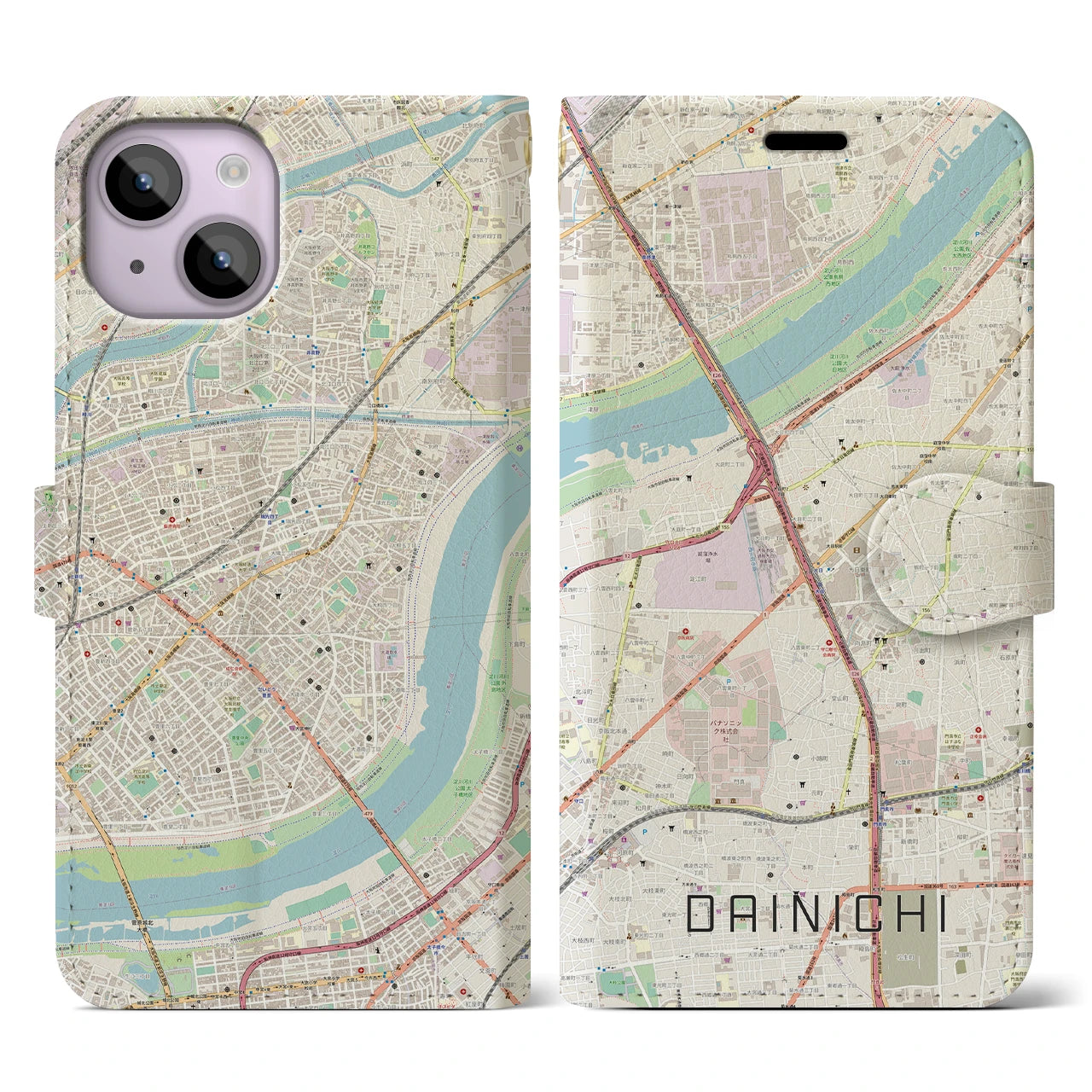 【大日(大阪府)】地図柄iPhoneケース(手帳タイプ)ナチュラル・iPhone 14 用