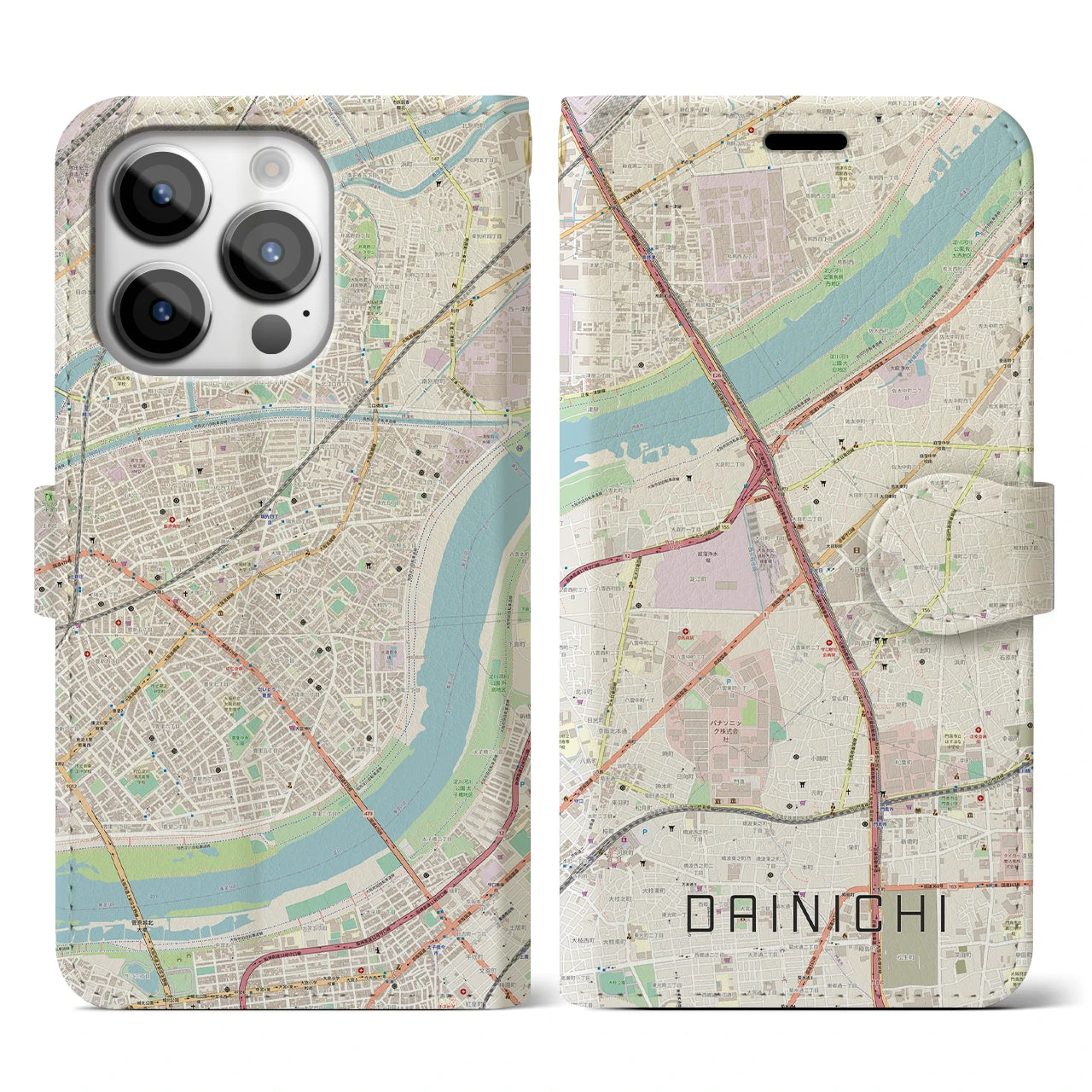 【大日(大阪府)】地図柄iPhoneケース(手帳タイプ)ナチュラル・iPhone 14 Pro 用