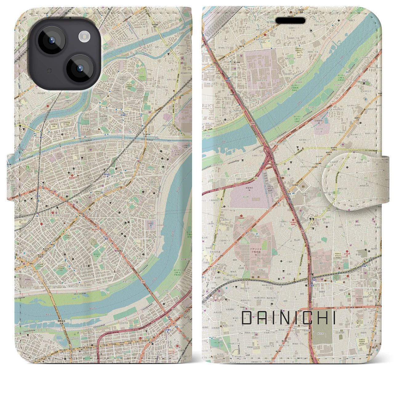 【大日(大阪府)】地図柄iPhoneケース(手帳タイプ)ナチュラル・iPhone 14 Plus 用
