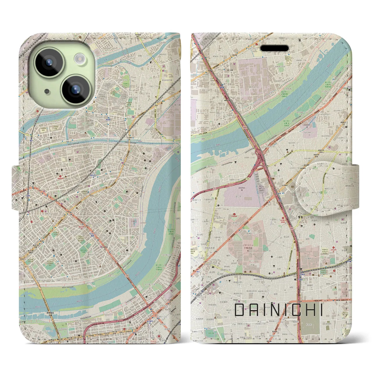 【大日(大阪府)】地図柄iPhoneケース(手帳タイプ)ナチュラル・iPhone 15 用