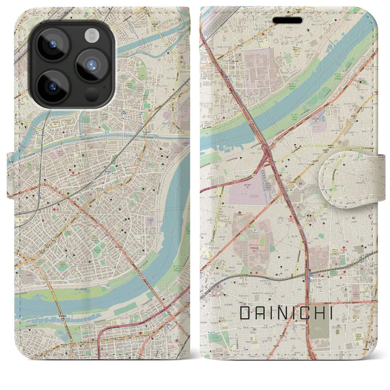 【大日(大阪府)】地図柄iPhoneケース(手帳タイプ)ナチュラル・iPhone 15 Pro Max 用