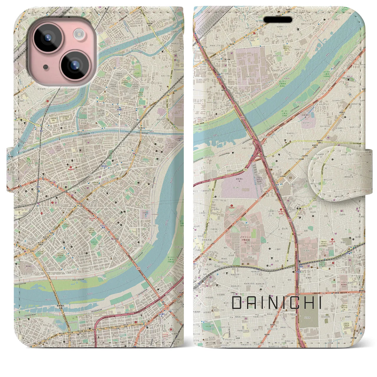 【大日(大阪府)】地図柄iPhoneケース(手帳タイプ)ナチュラル・iPhone 15 Plus 用