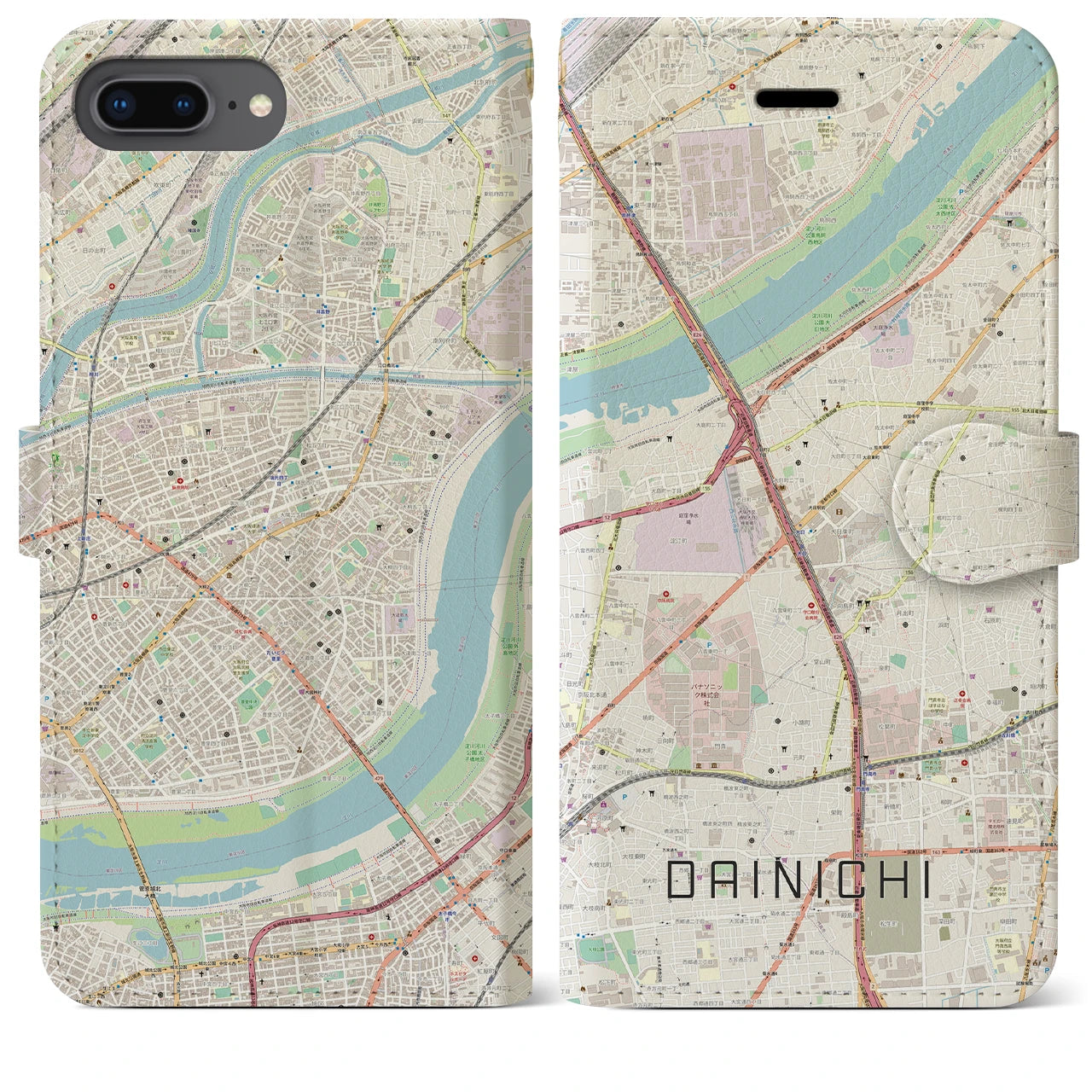 【大日(大阪府)】地図柄iPhoneケース(手帳タイプ)ナチュラル・iPhone 8Plus /7Plus / 6sPlus / 6Plus 用