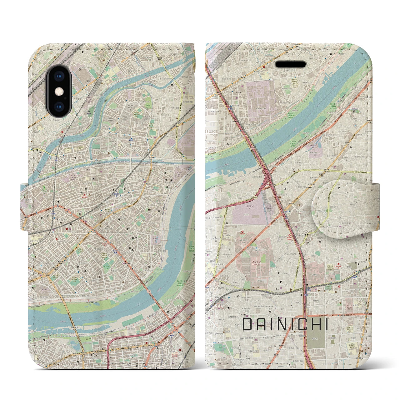 【大日(大阪府)】地図柄iPhoneケース(手帳タイプ)ナチュラル・iPhone XS / X 用