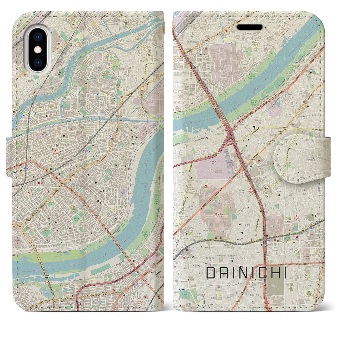 【大日(大阪府)】地図柄iPhoneケース(手帳タイプ)ナチュラル・iPhone XS Max 用