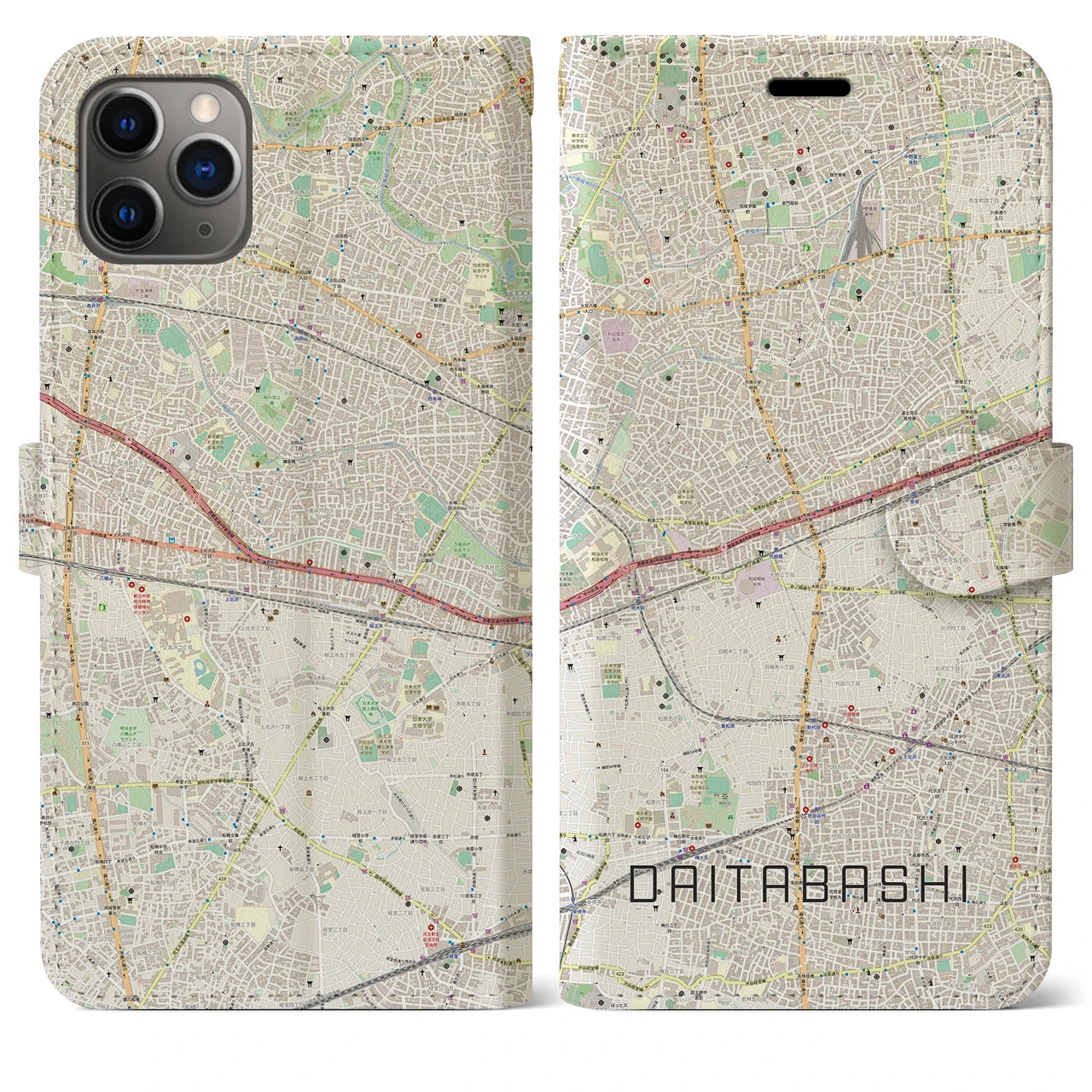 【代田橋(東京都)】地図柄iPhoneケース(手帳タイプ)ナチュラル・iPhone 11 Pro Max 用