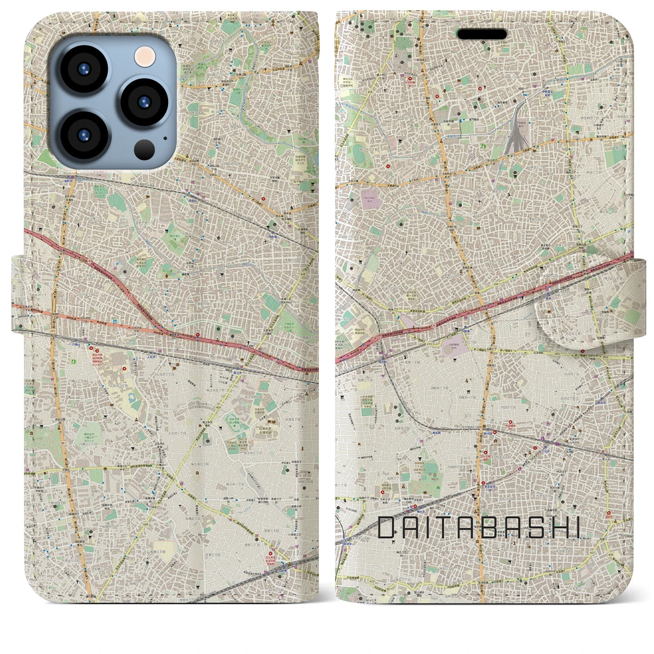 【代田橋(東京都)】地図柄iPhoneケース(手帳タイプ)ナチュラル・iPhone 13 Pro Max 用