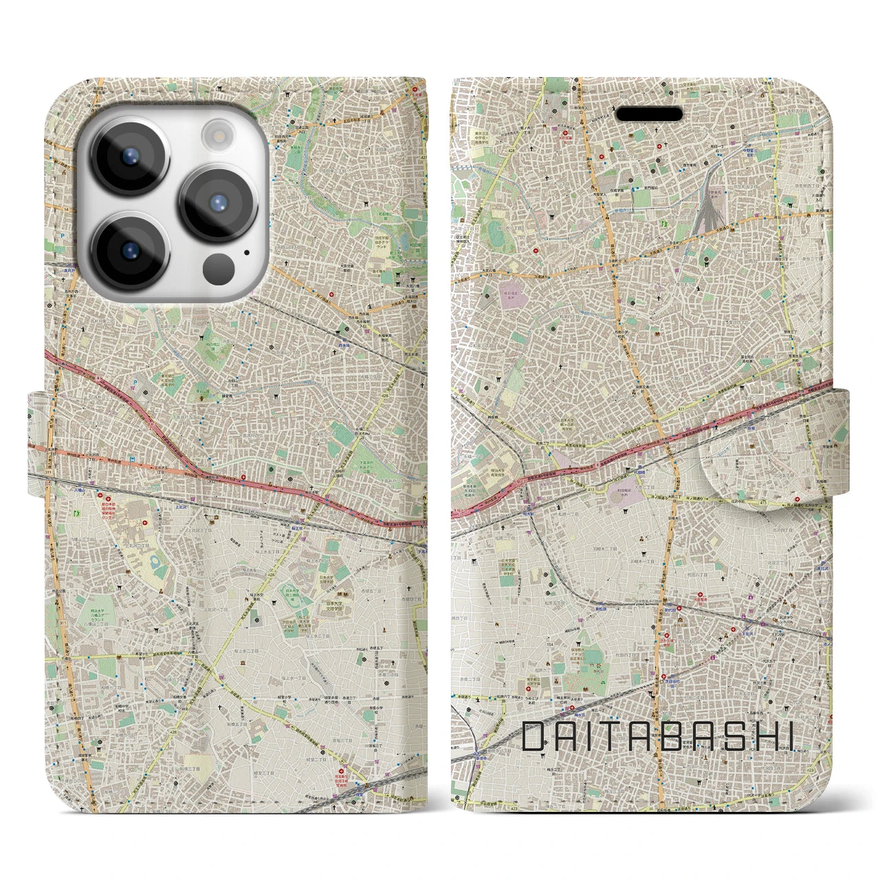 【代田橋(東京都)】地図柄iPhoneケース(手帳タイプ)ナチュラル・iPhone 14 Pro 用