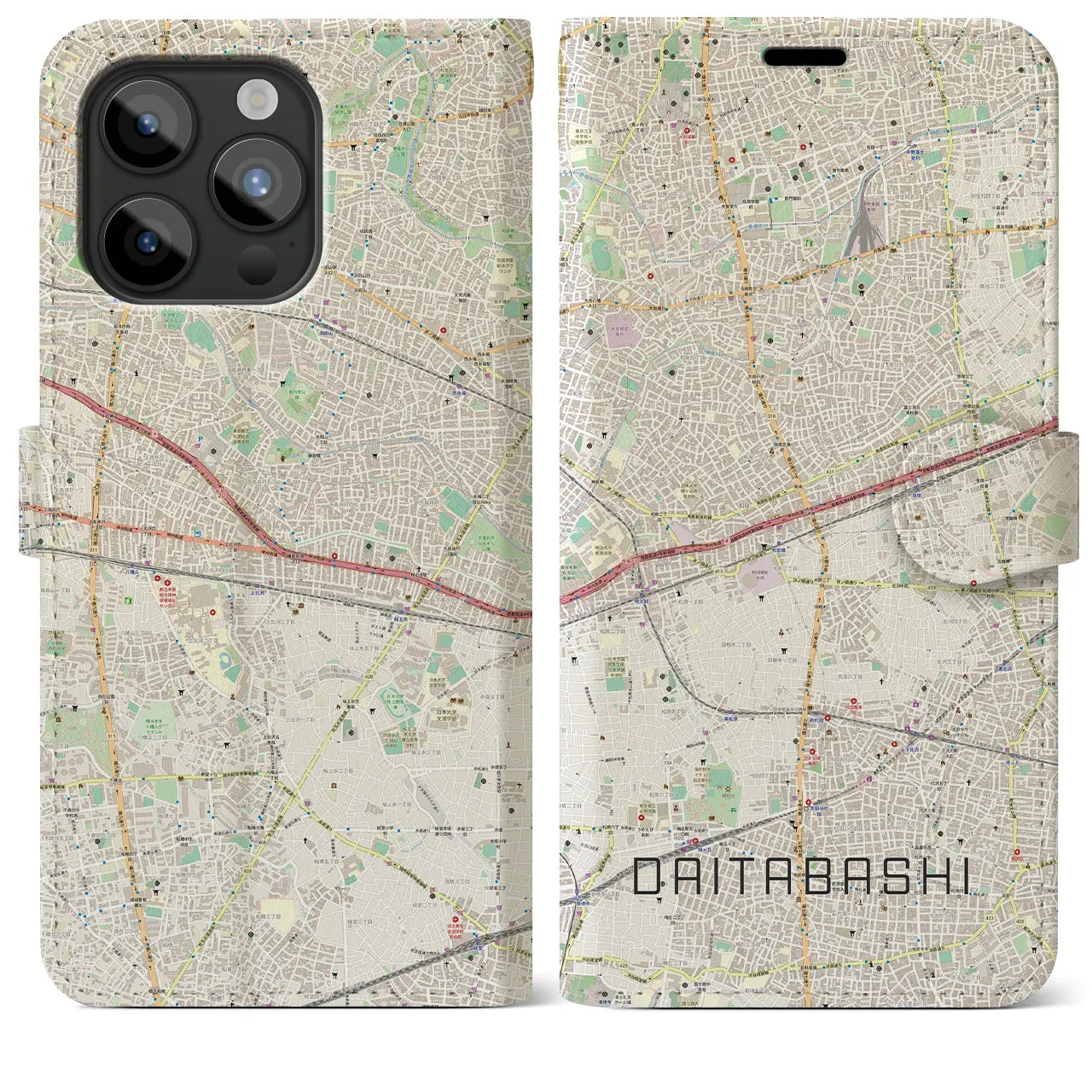 【代田橋(東京都)】地図柄iPhoneケース(手帳タイプ)ナチュラル・iPhone 15 Pro Max 用