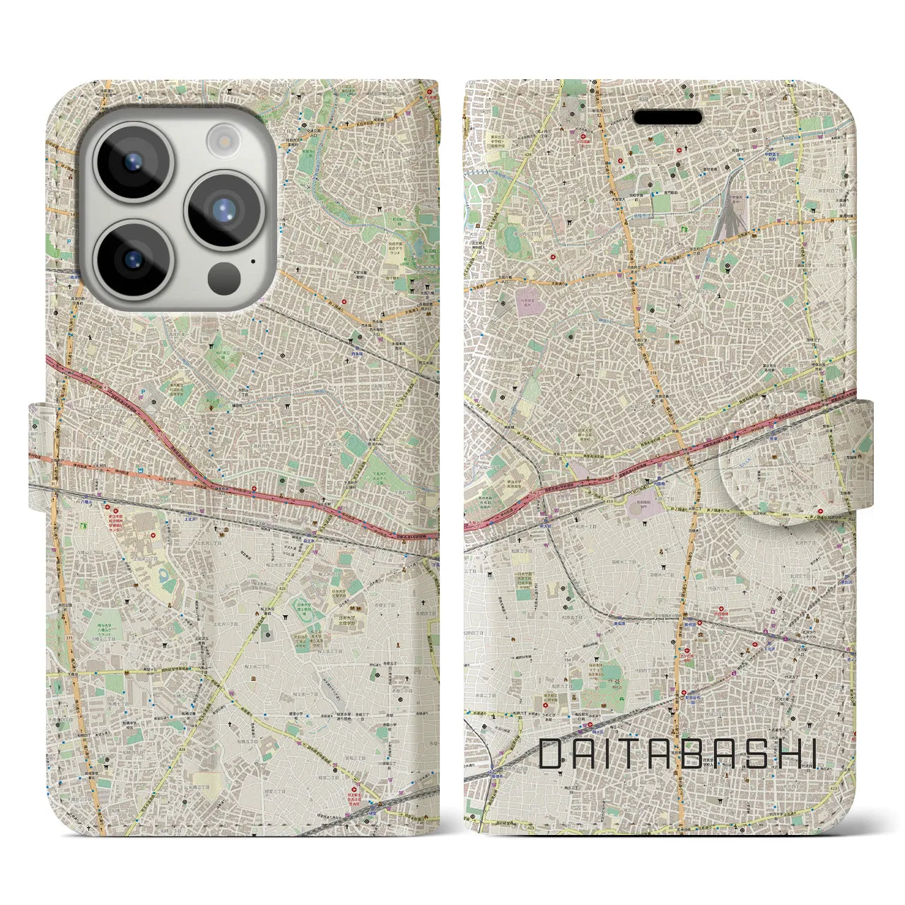 【代田橋(東京都)】地図柄iPhoneケース(手帳タイプ)ナチュラル・iPhone 15 Pro 用
