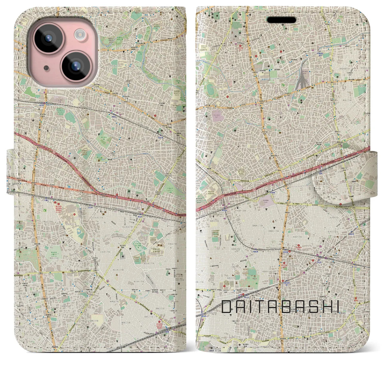 【代田橋(東京都)】地図柄iPhoneケース(手帳タイプ)ナチュラル・iPhone 15 Plus 用