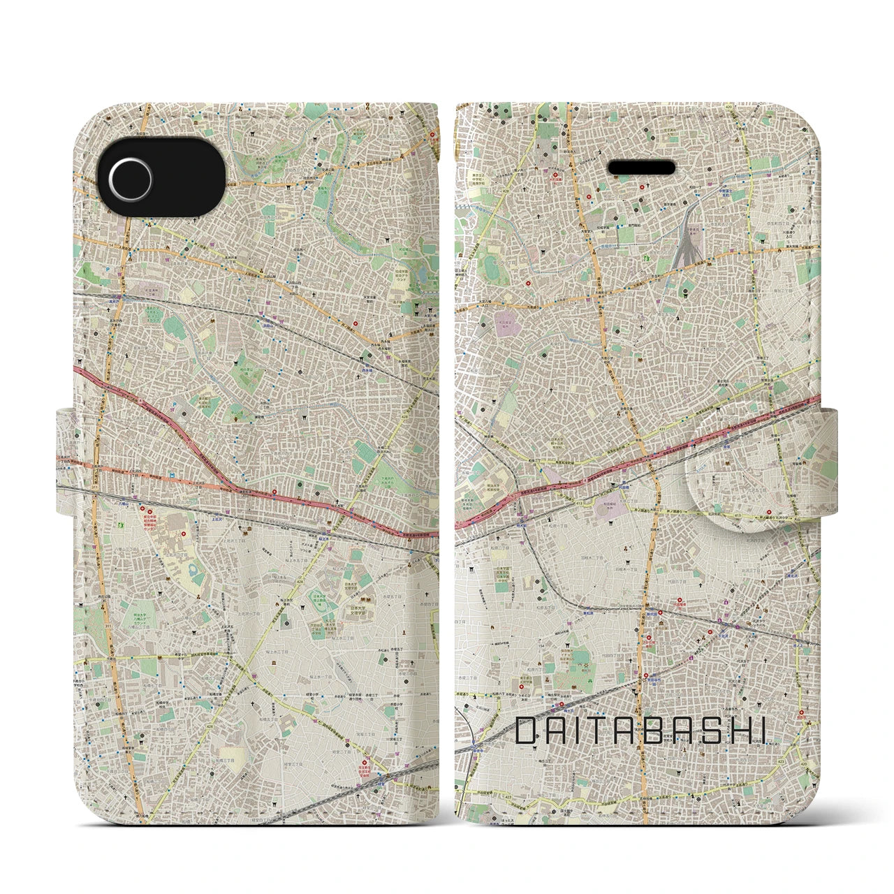 【代田橋(東京都)】地図柄iPhoneケース(手帳タイプ)ナチュラル・iPhone SE(第3 / 第2世代) / 8 / 7 / 6s / 6 用