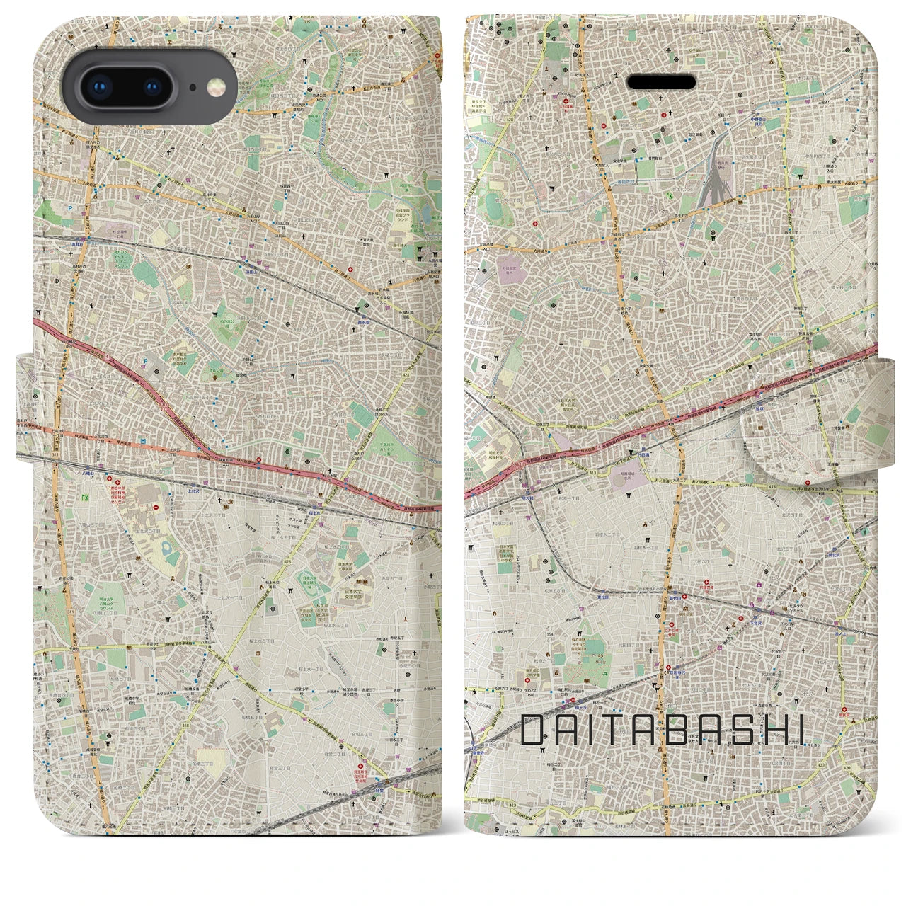 【代田橋(東京都)】地図柄iPhoneケース(手帳タイプ)ナチュラル・iPhone 8Plus /7Plus / 6sPlus / 6Plus 用