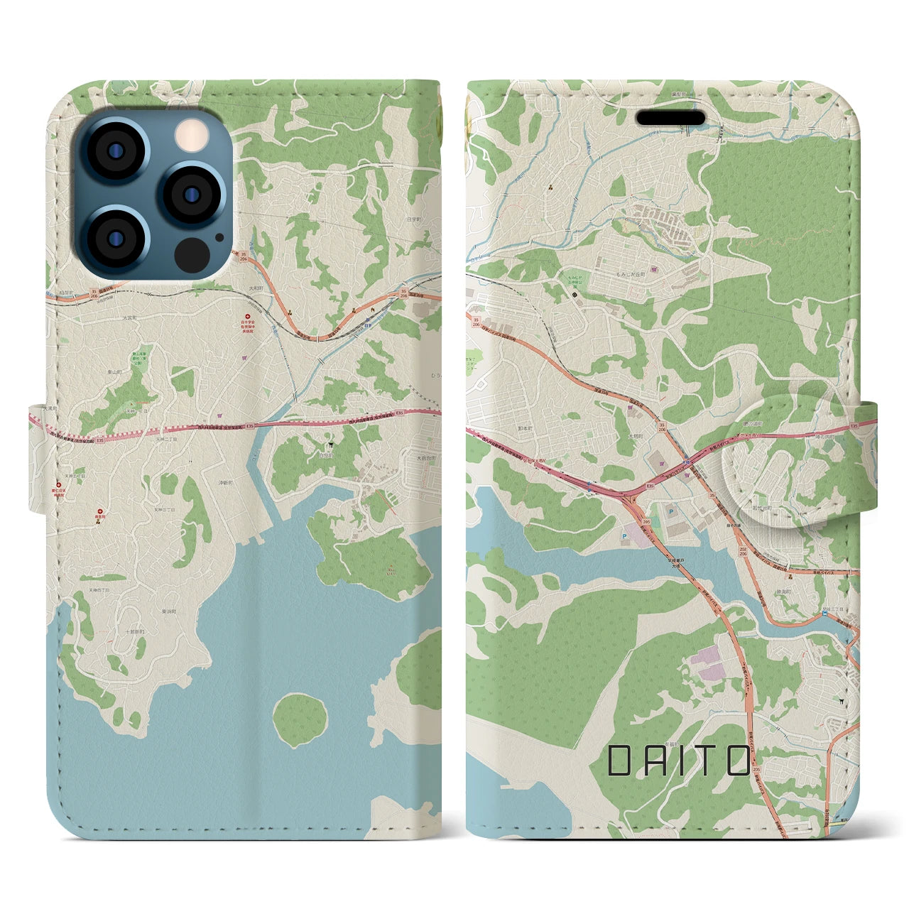 【大塔(長崎県)】地図柄iPhoneケース(手帳タイプ)ナチュラル・iPhone 12 / 12 Pro 用
