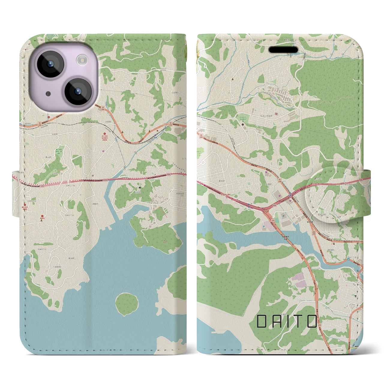 【大塔(長崎県)】地図柄iPhoneケース(手帳タイプ)ナチュラル・iPhone 14 用