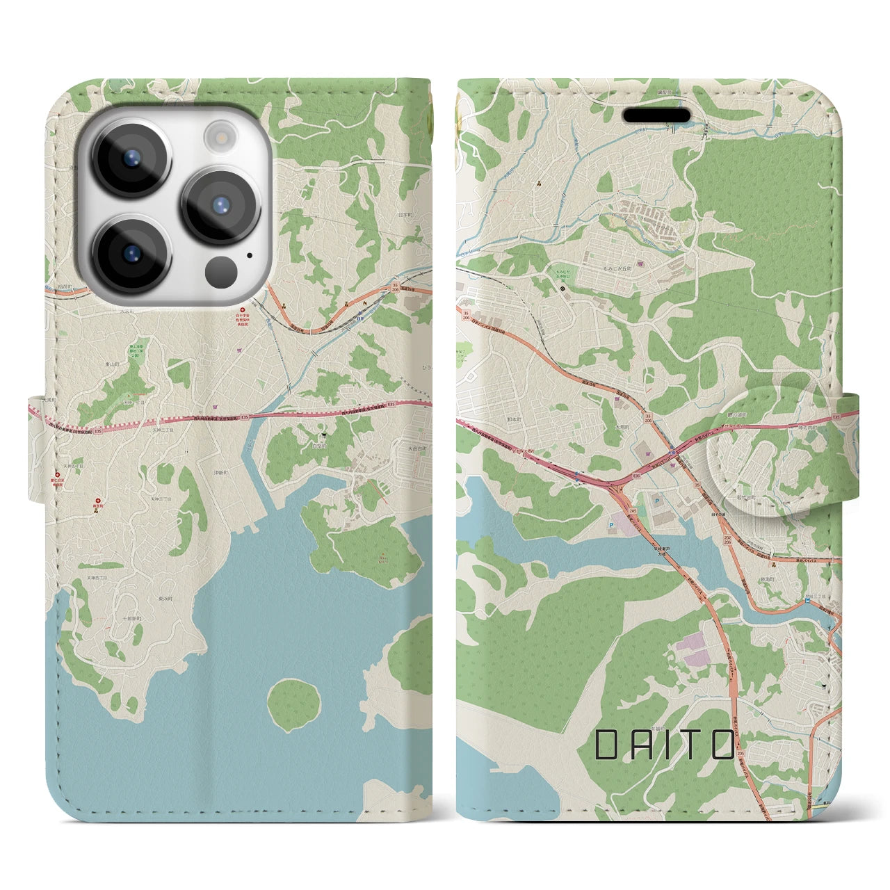 【大塔(長崎県)】地図柄iPhoneケース(手帳タイプ)ナチュラル・iPhone 14 Pro 用
