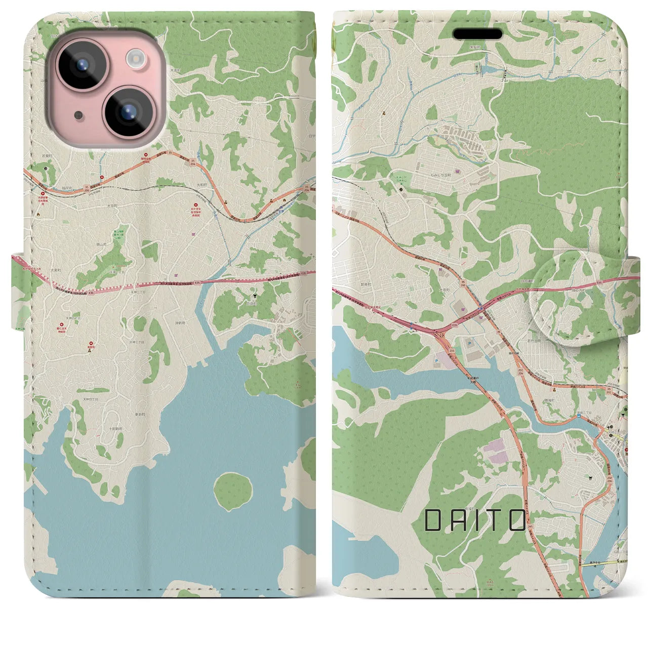 【大塔(長崎県)】地図柄iPhoneケース(手帳タイプ)ナチュラル・iPhone 15 Plus 用