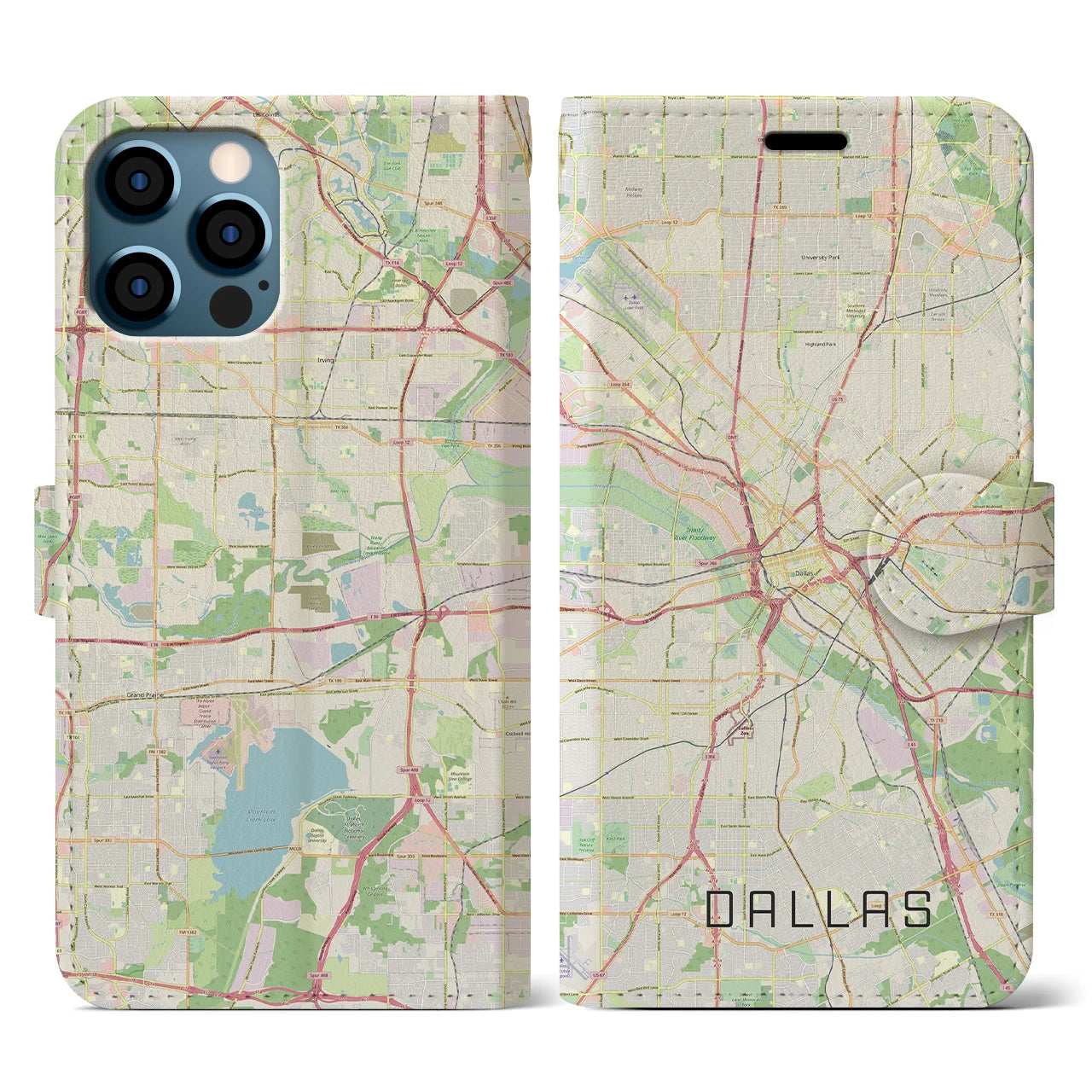 【ダラス(アメリカ)】地図柄iPhoneケース(手帳タイプ)ナチュラル・iPhone 12 / 12 Pro 用