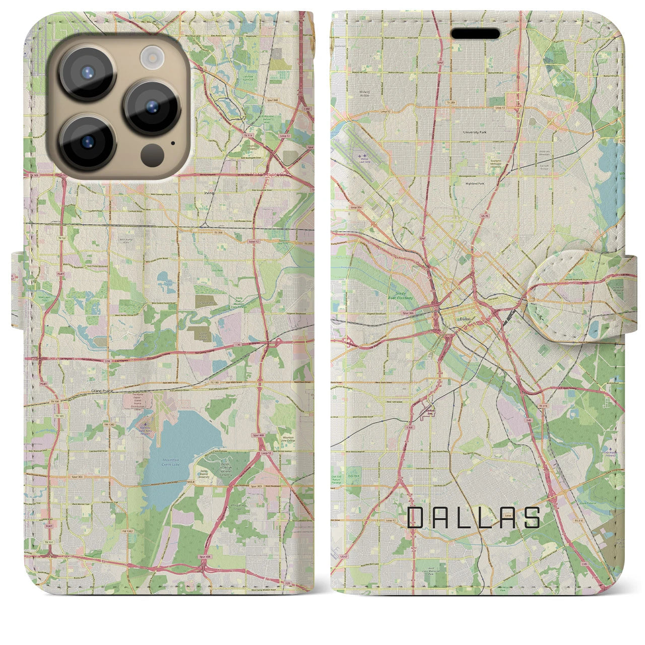 【ダラス(アメリカ)】地図柄iPhoneケース(手帳タイプ)ナチュラル・iPhone 14 Pro Max 用