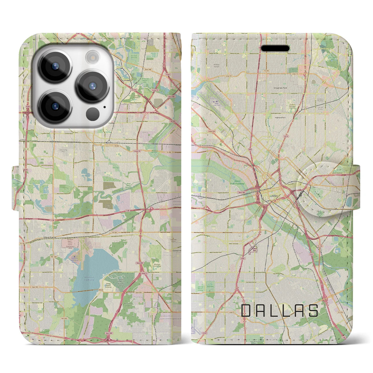 【ダラス(アメリカ)】地図柄iPhoneケース(手帳タイプ)ナチュラル・iPhone 14 Pro 用