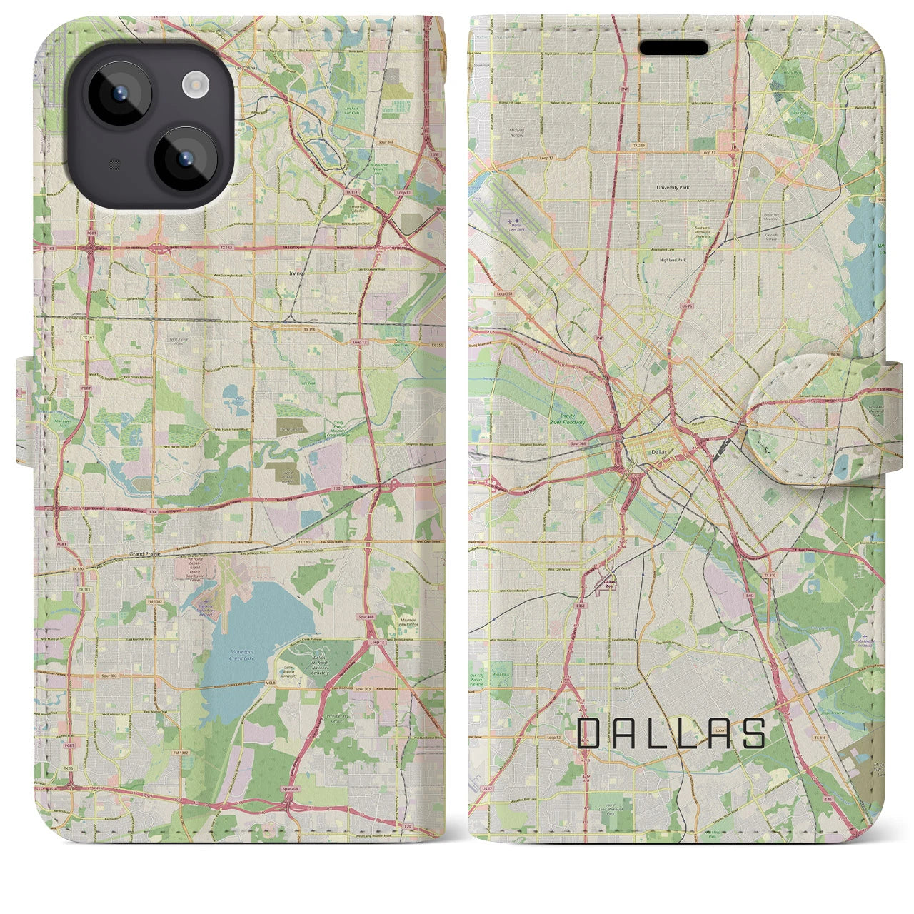 【ダラス(アメリカ)】地図柄iPhoneケース(手帳タイプ)ナチュラル・iPhone 14 Plus 用