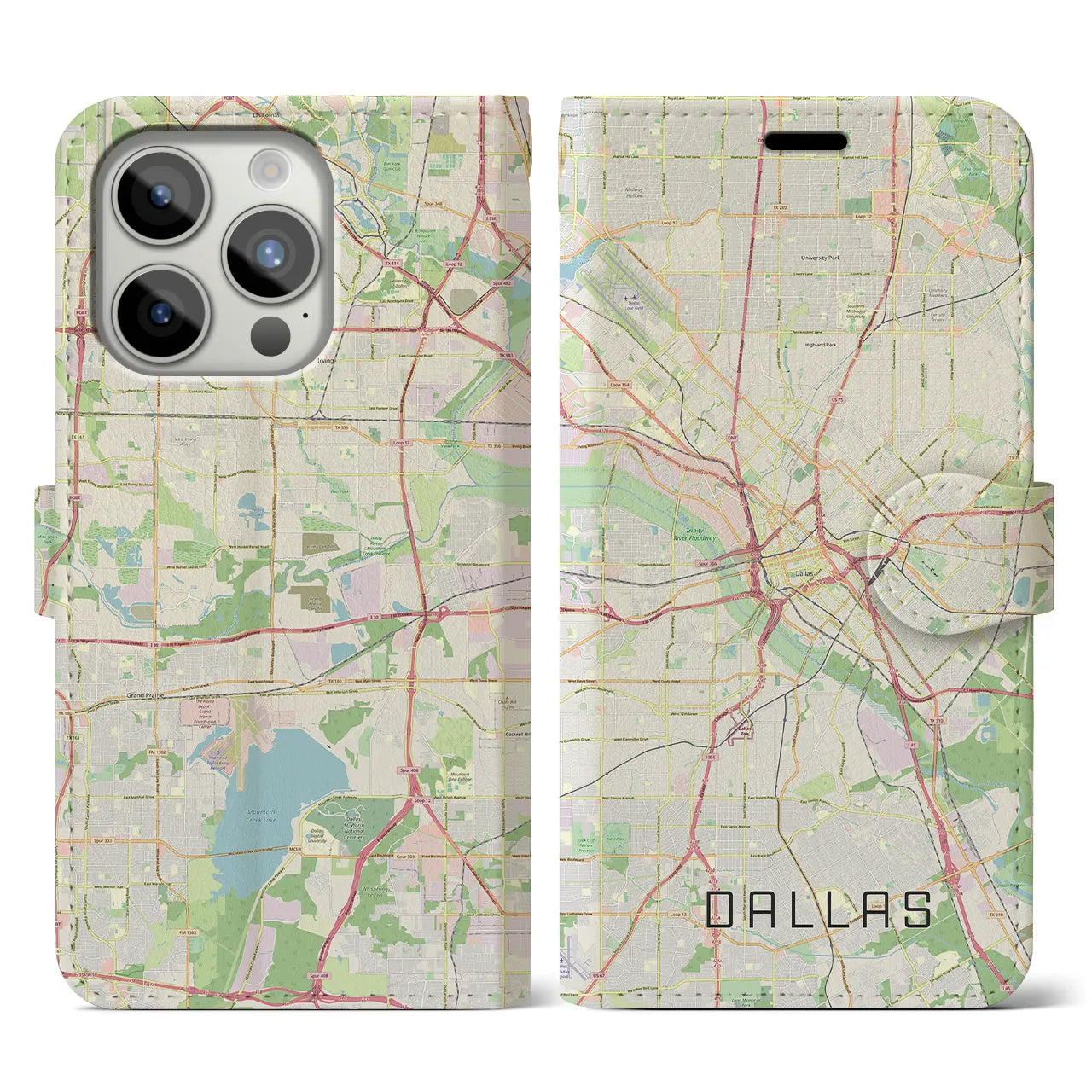 【ダラス(アメリカ)】地図柄iPhoneケース(手帳タイプ)ナチュラル・iPhone 15 Pro 用
