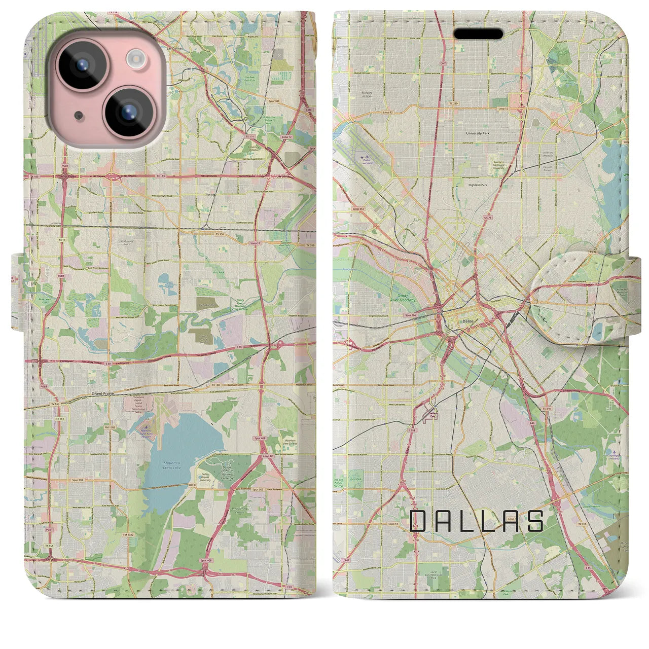【ダラス(アメリカ)】地図柄iPhoneケース(手帳タイプ)ナチュラル・iPhone 15 Plus 用