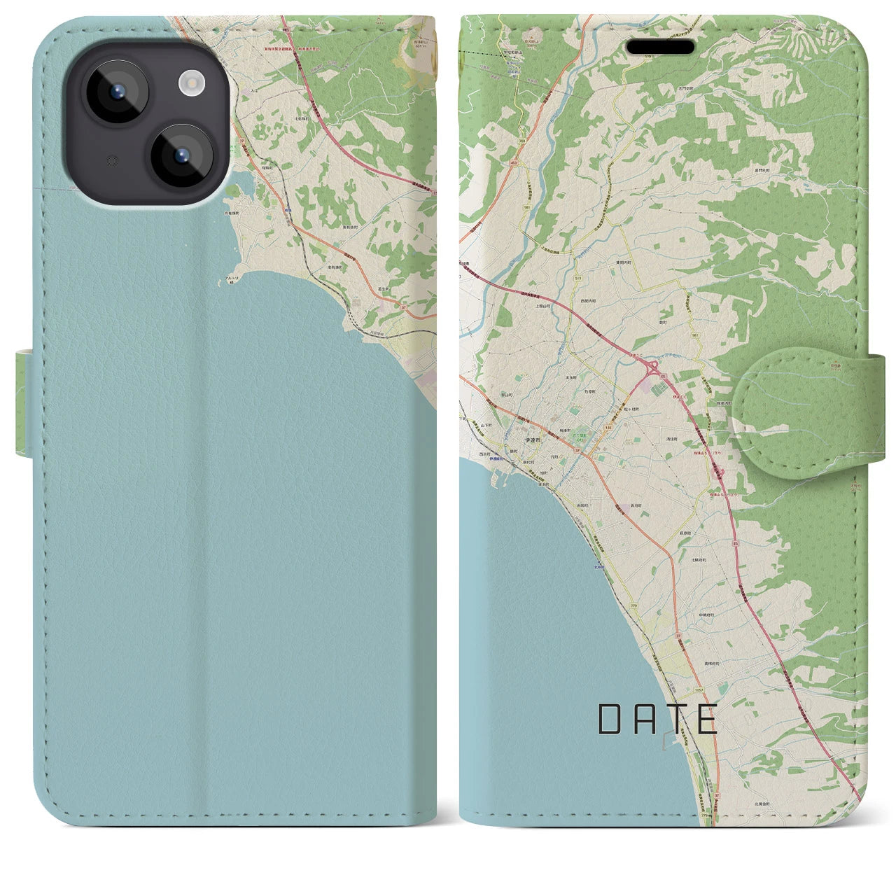 【伊達(北海道)】地図柄iPhoneケース(手帳タイプ)ナチュラル・iPhone 14 Plus 用