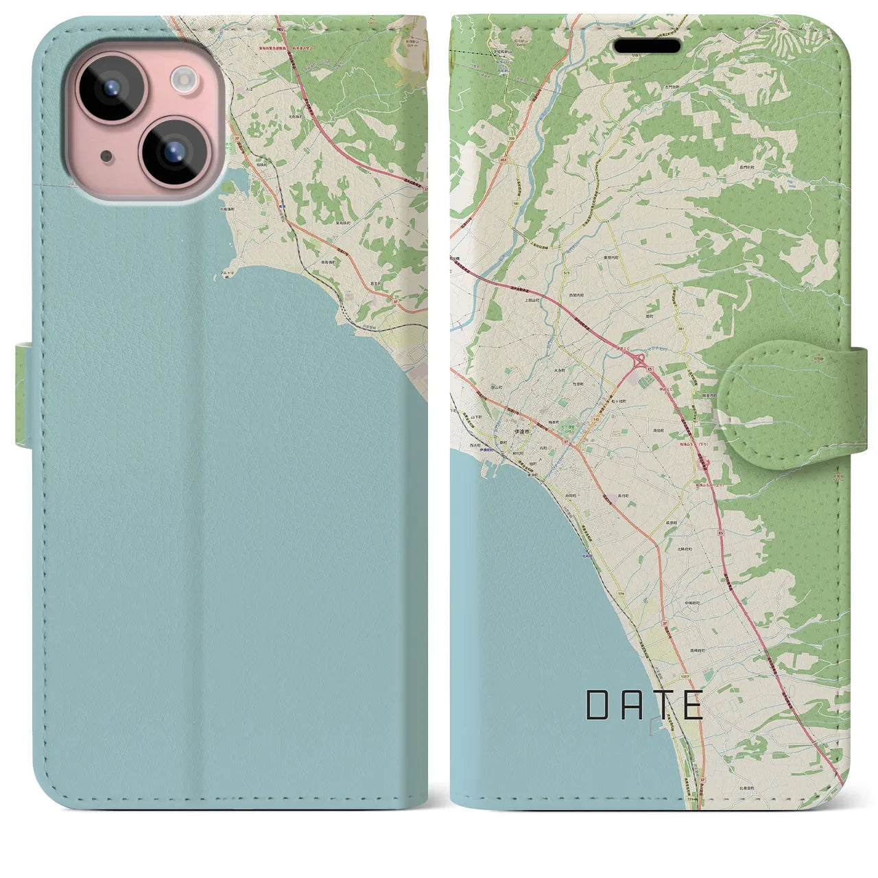 【伊達(北海道)】地図柄iPhoneケース(手帳タイプ)ナチュラル・iPhone 15 Plus 用