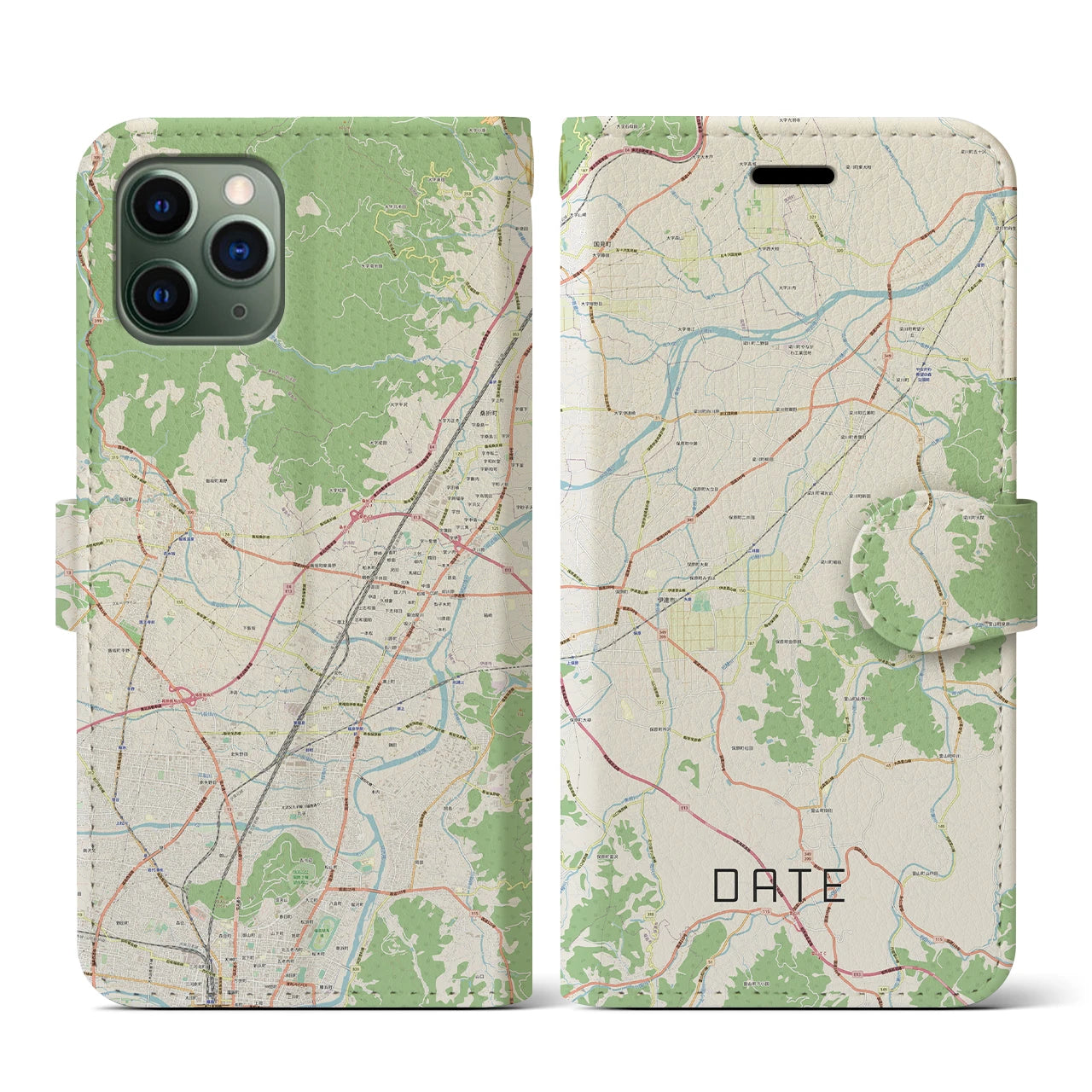 【伊達(福島県)】地図柄iPhoneケース(手帳タイプ)ナチュラル・iPhone 11 Pro 用