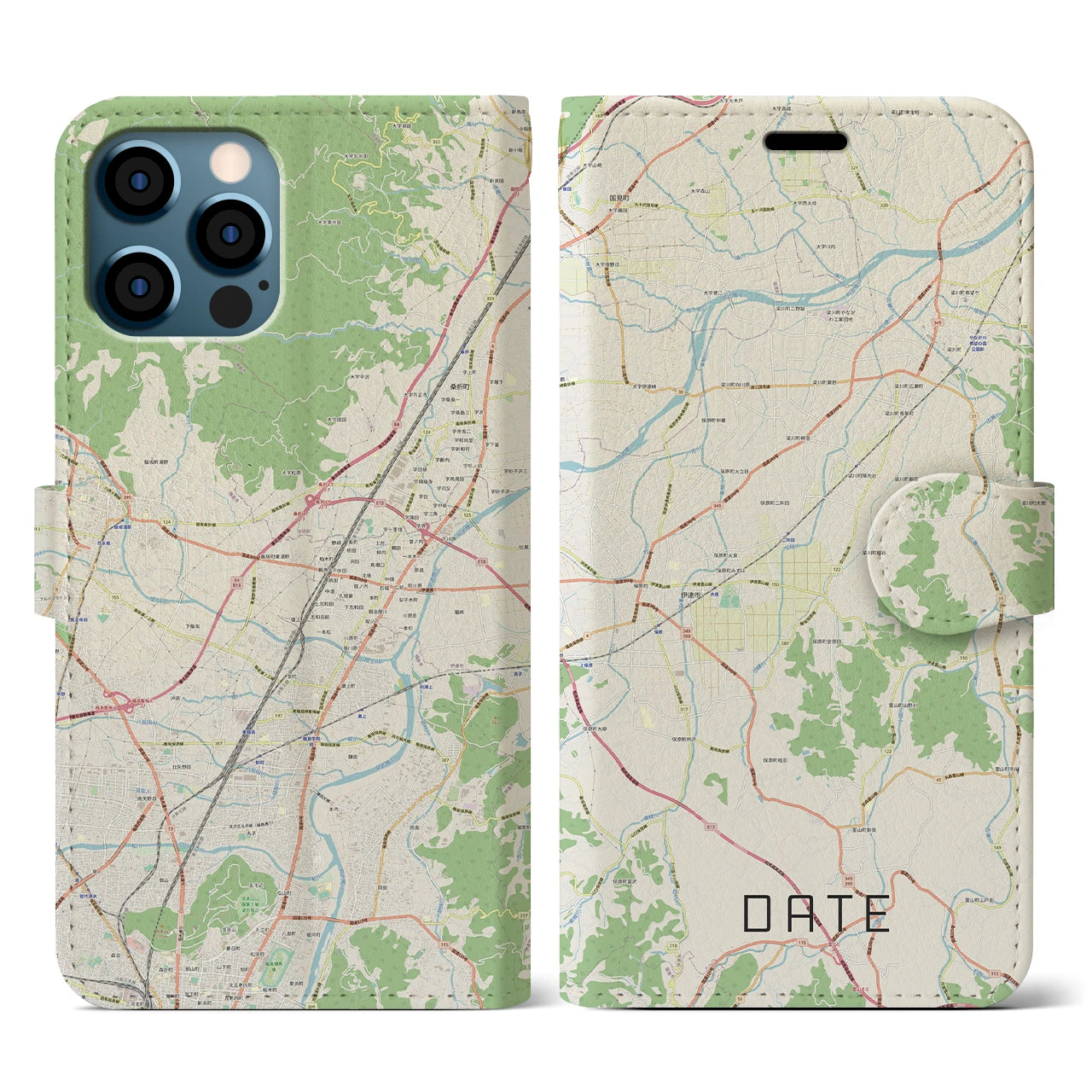 【伊達(福島県)】地図柄iPhoneケース(手帳タイプ)ナチュラル・iPhone 12 / 12 Pro 用