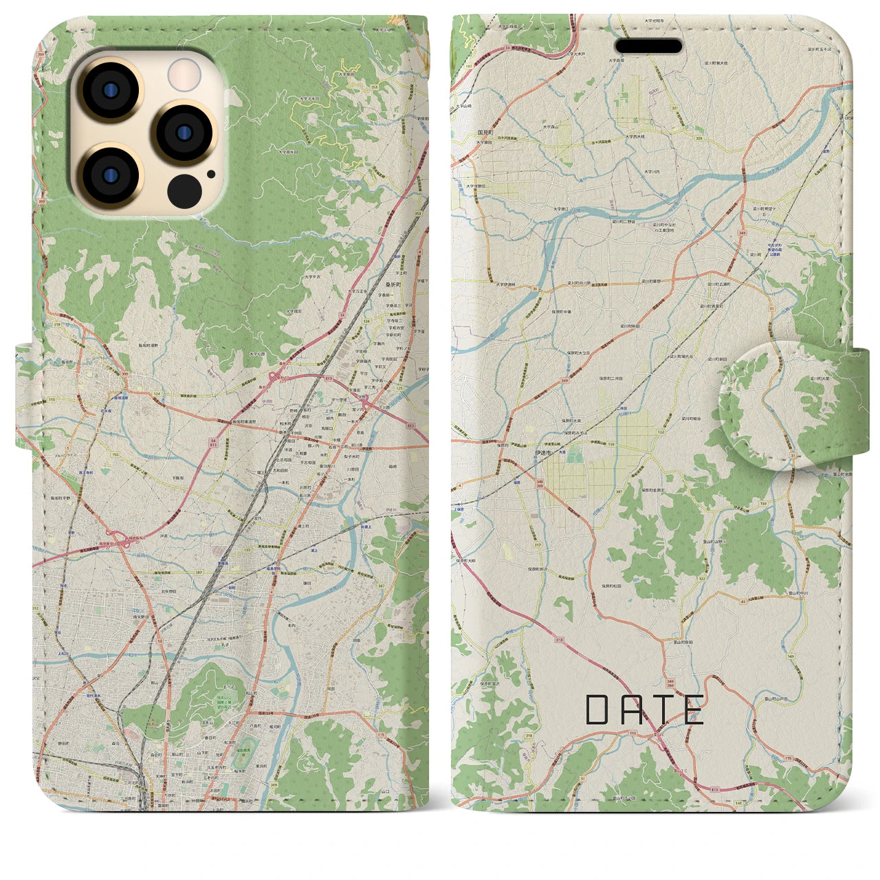 【伊達(福島県)】地図柄iPhoneケース(手帳タイプ)ナチュラル・iPhone 12 Pro Max 用