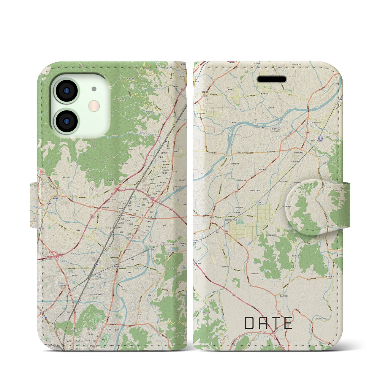 【伊達(福島県)】地図柄iPhoneケース(手帳タイプ)ナチュラル・iPhone 12 mini 用