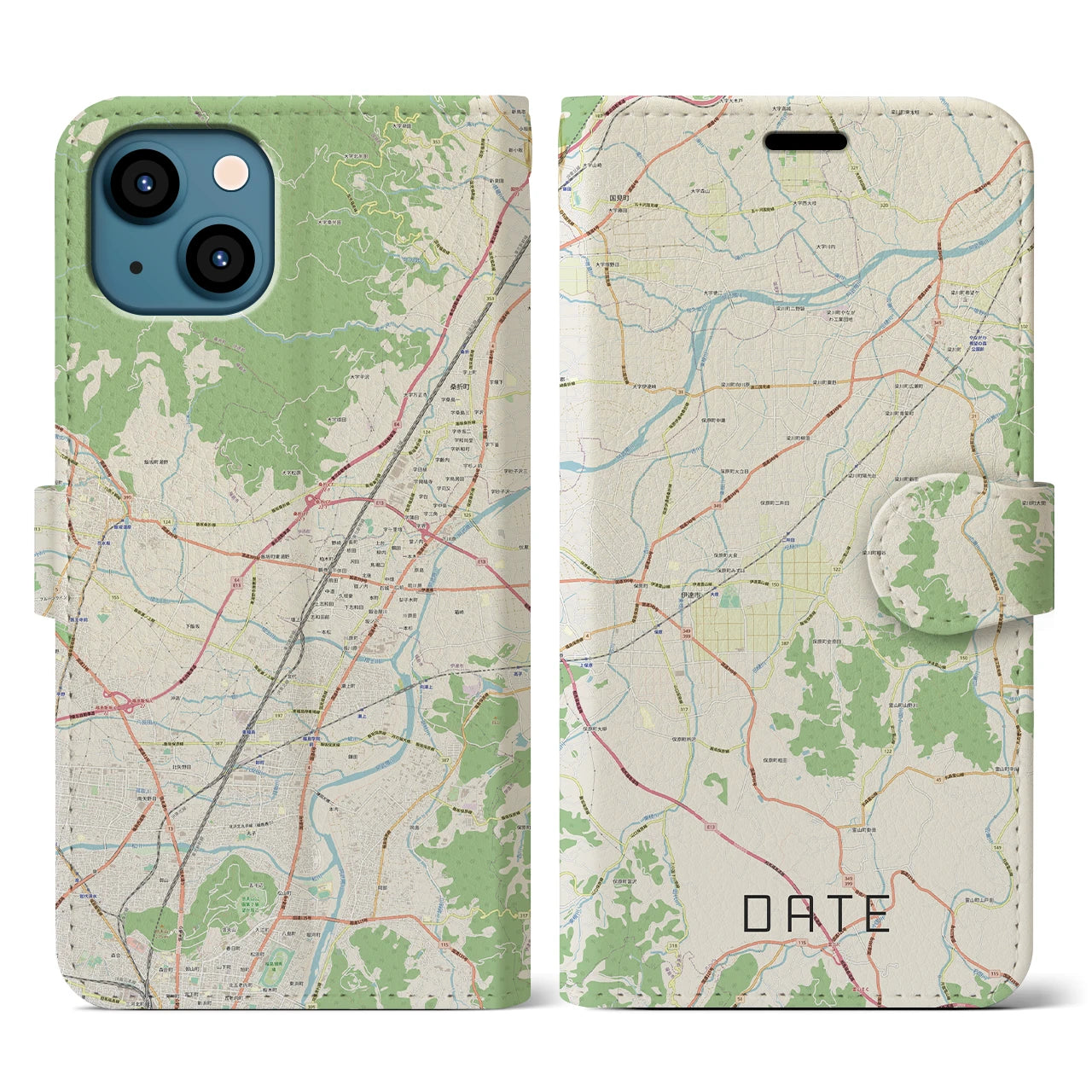【伊達(福島県)】地図柄iPhoneケース(手帳タイプ)ナチュラル・iPhone 13 用