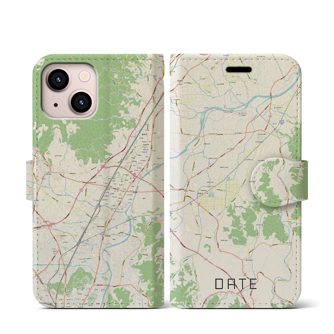 【伊達(福島県)】地図柄iPhoneケース(手帳タイプ)ナチュラル・iPhone 13 mini 用