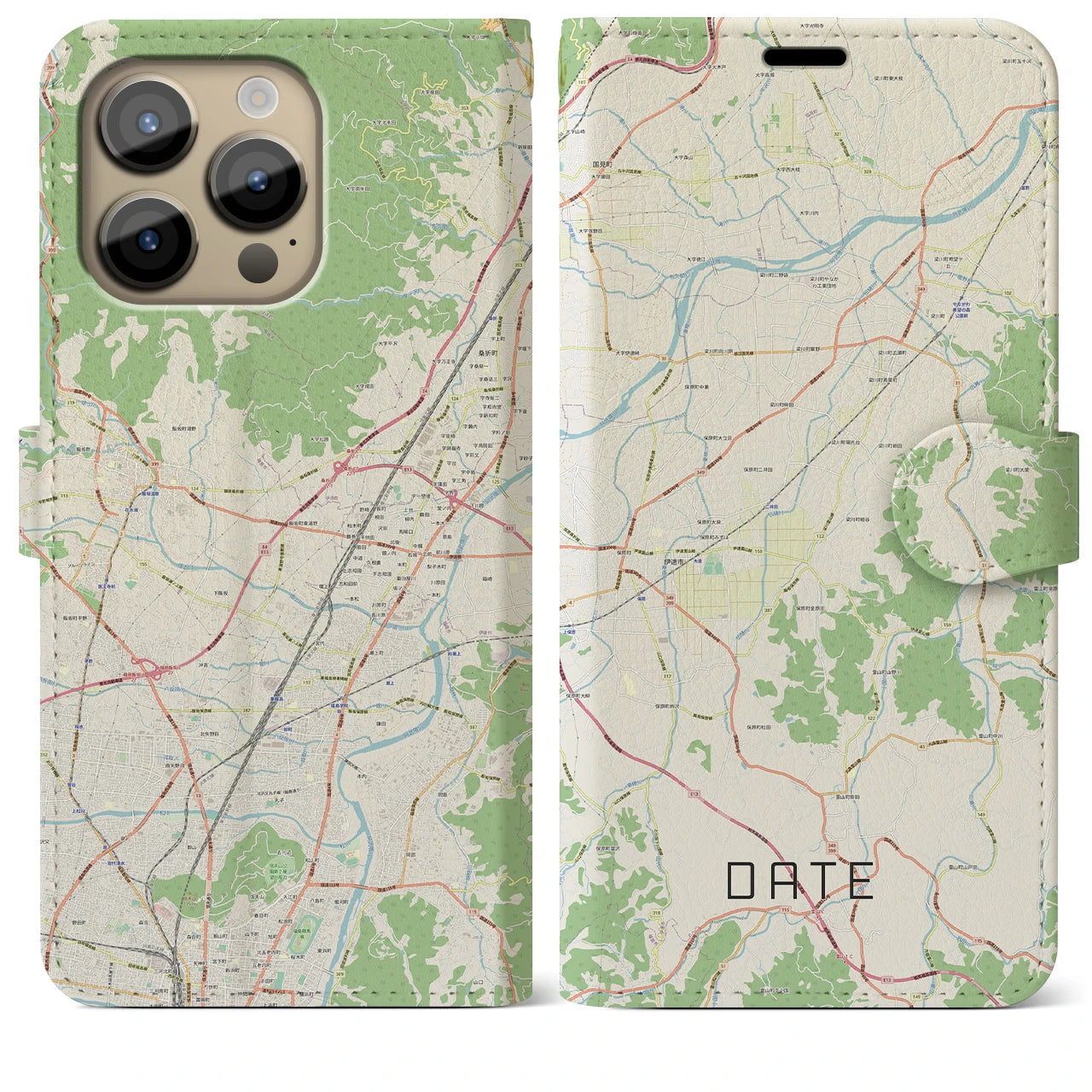 【伊達(福島県)】地図柄iPhoneケース(手帳タイプ)ナチュラル・iPhone 14 Pro Max 用