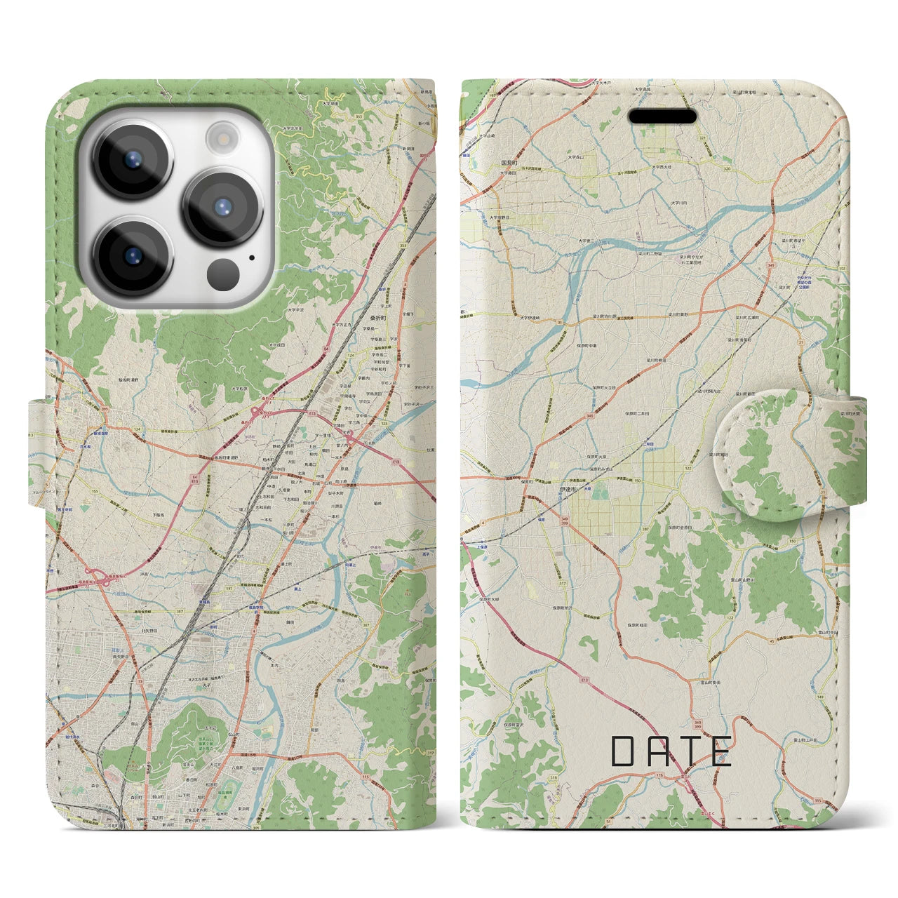 【伊達(福島県)】地図柄iPhoneケース(手帳タイプ)ナチュラル・iPhone 14 Pro 用
