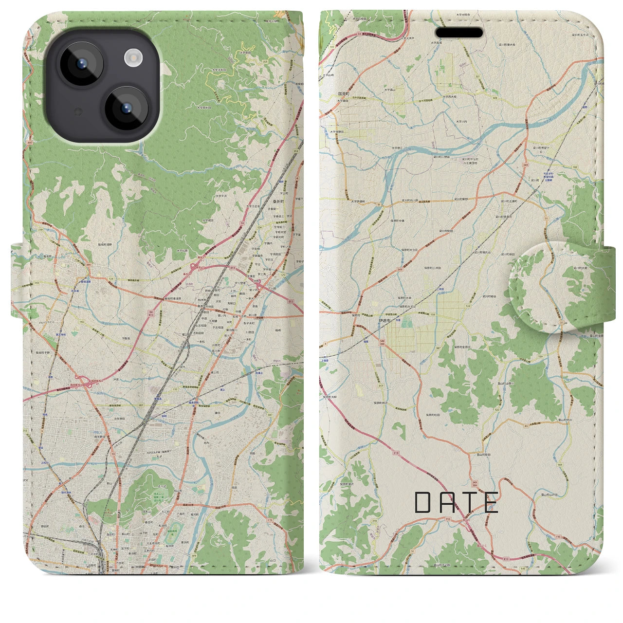 【伊達(福島県)】地図柄iPhoneケース(手帳タイプ)ナチュラル・iPhone 14 Plus 用