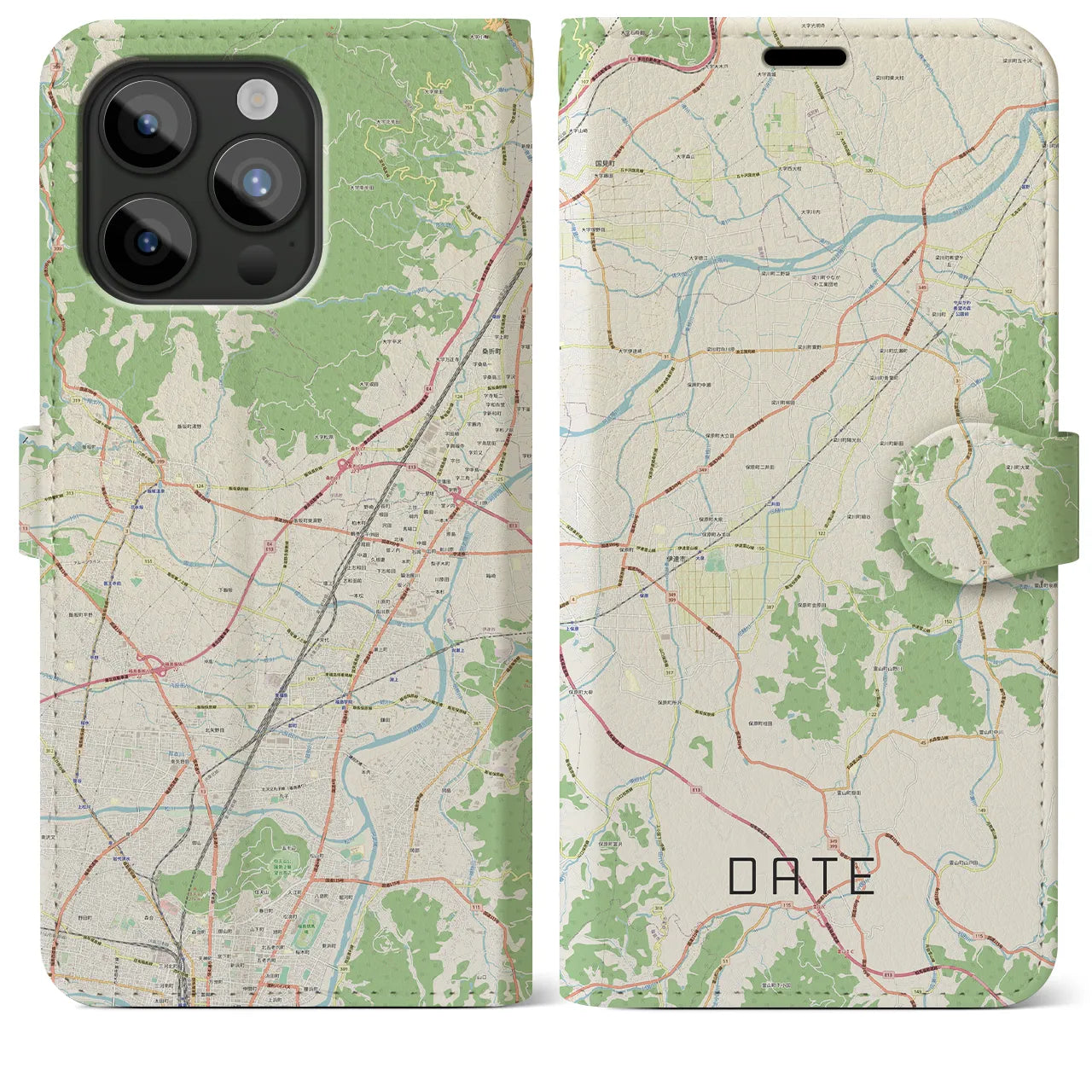 【伊達(福島県)】地図柄iPhoneケース(手帳タイプ)ナチュラル・iPhone 15 Pro Max 用