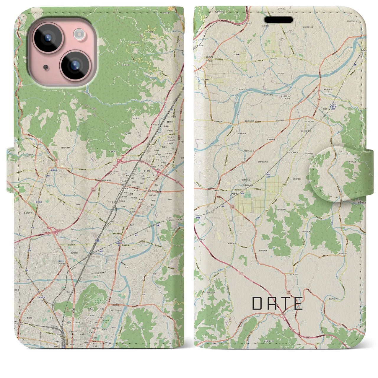 【伊達(福島県)】地図柄iPhoneケース(手帳タイプ)ナチュラル・iPhone 15 Plus 用