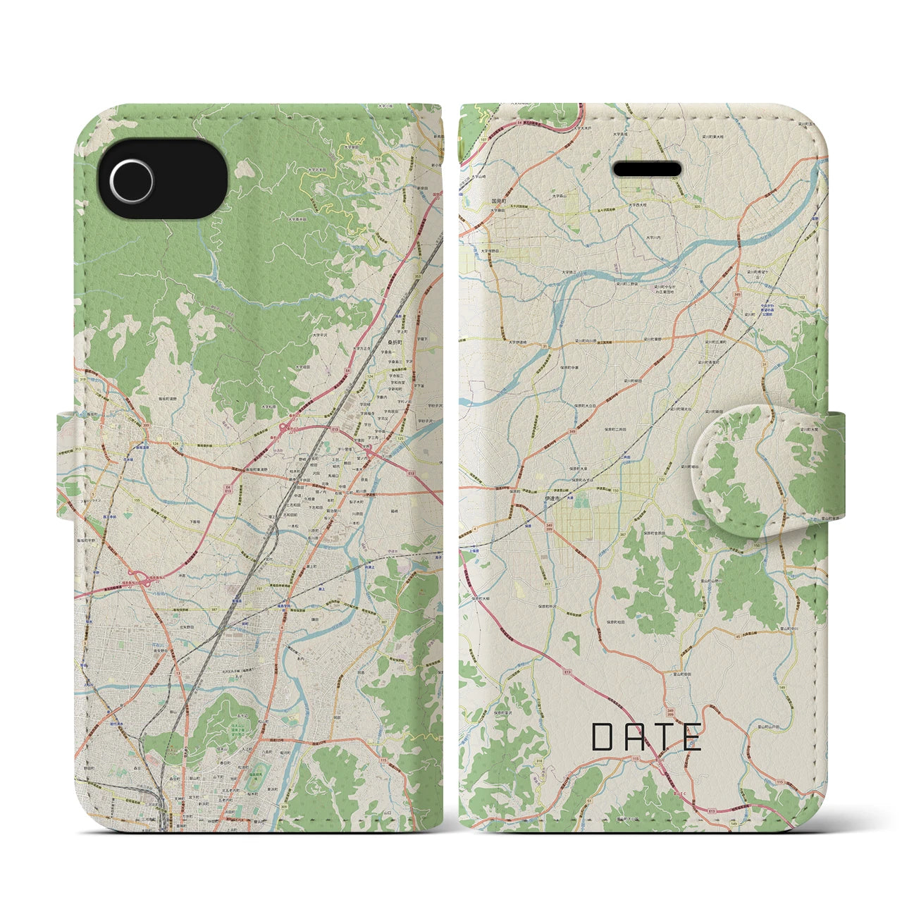 【伊達(福島県)】地図柄iPhoneケース(手帳タイプ)ナチュラル・iPhone SE(第3 / 第2世代) / 8 / 7 / 6s / 6 用